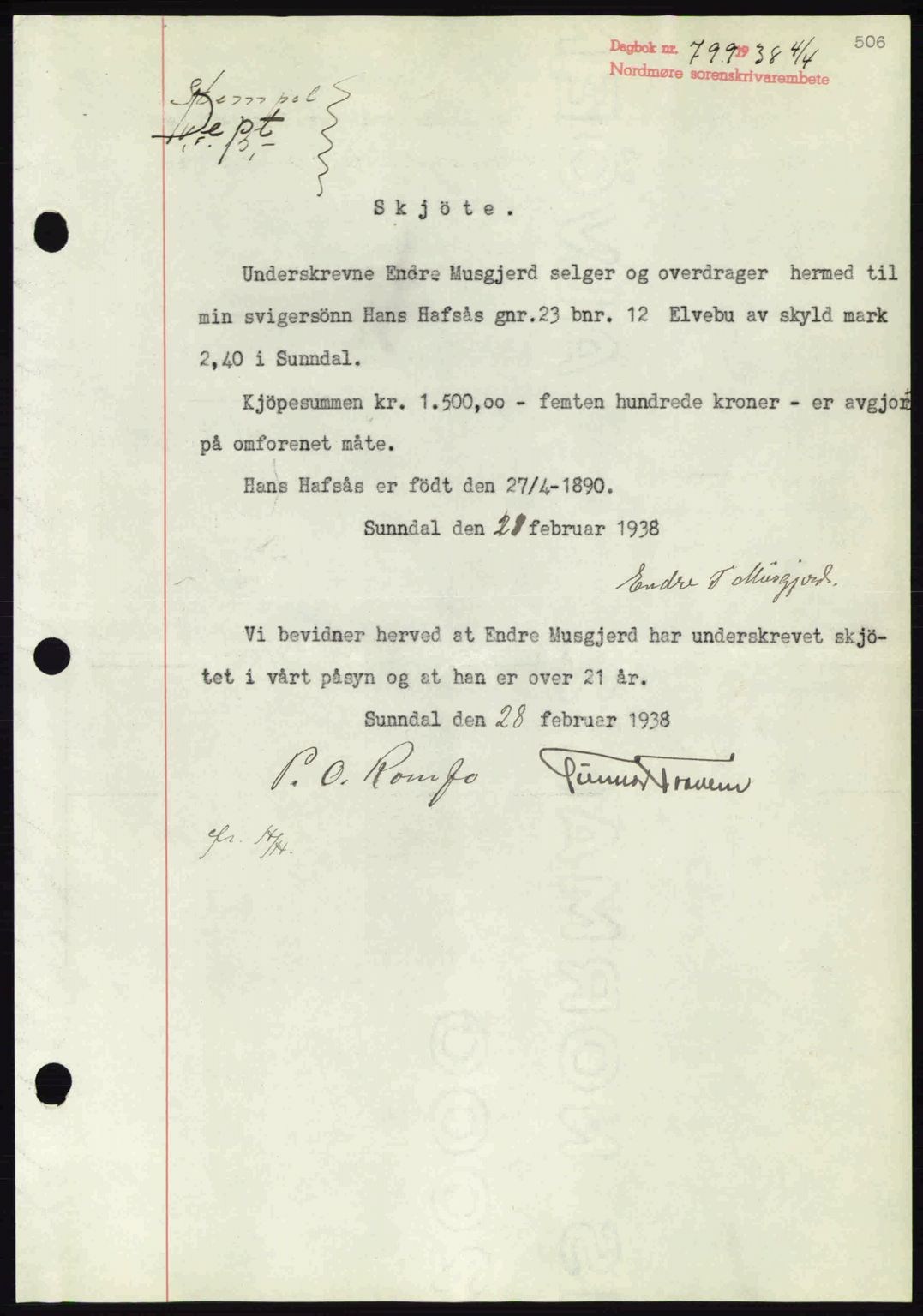 Nordmøre sorenskriveri, SAT/A-4132/1/2/2Ca: Pantebok nr. A83, 1938-1938, Dagboknr: 799/1938