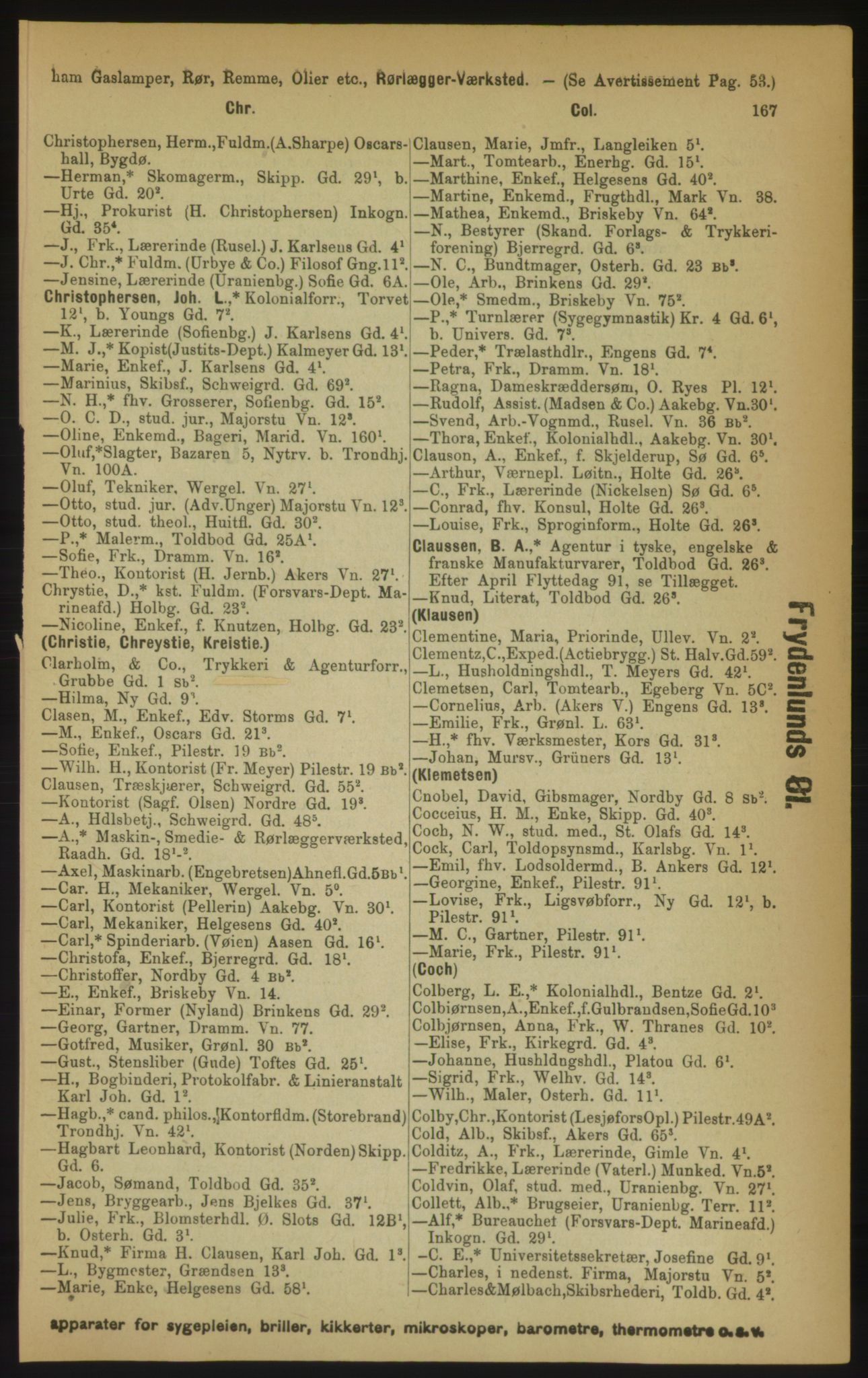Kristiania/Oslo adressebok, PUBL/-, 1891, s. 167