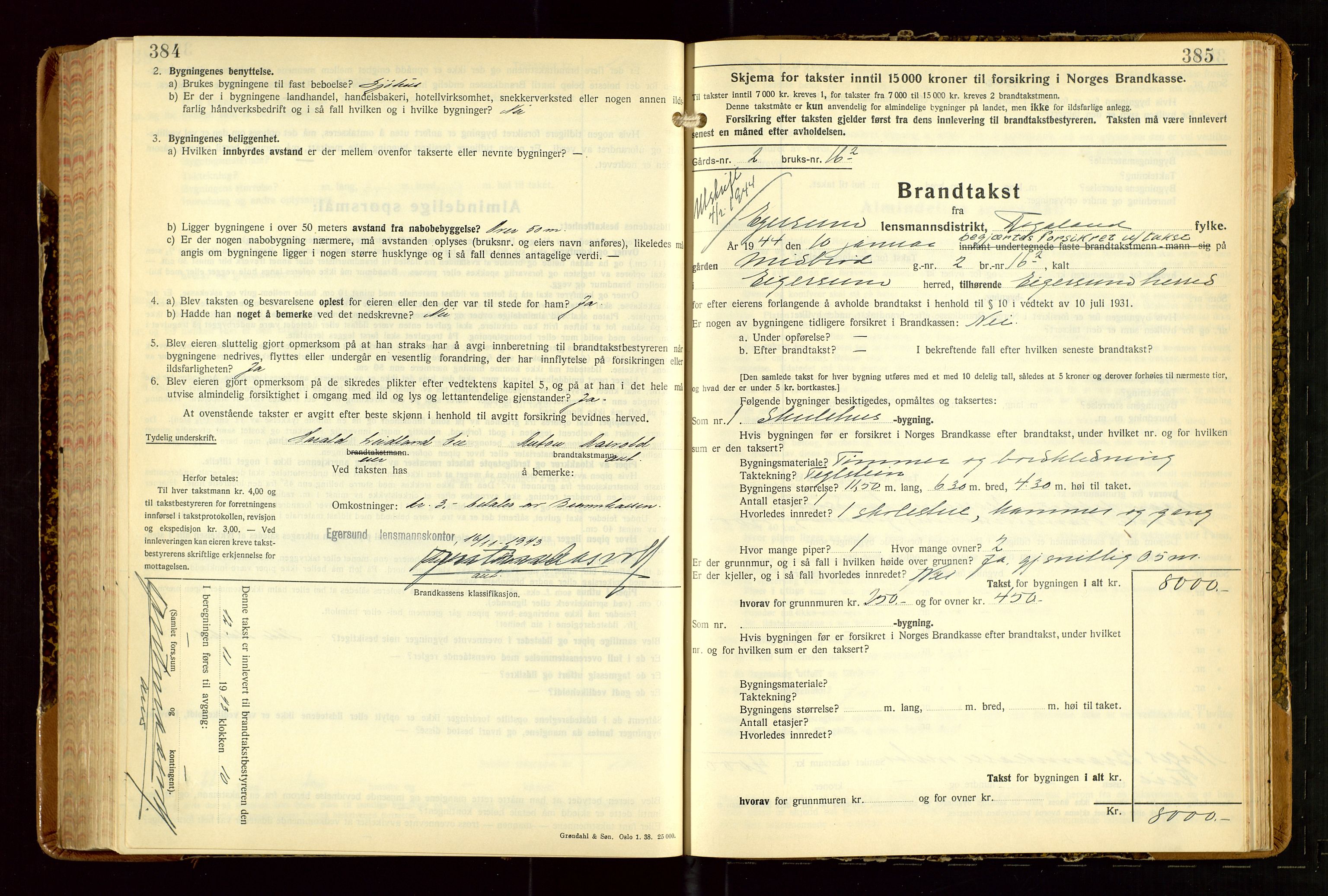 Eigersund lensmannskontor, AV/SAST-A-100171/Gob/L0007: "Brandtakstprotokoll", 1938-1955, s. 384-385