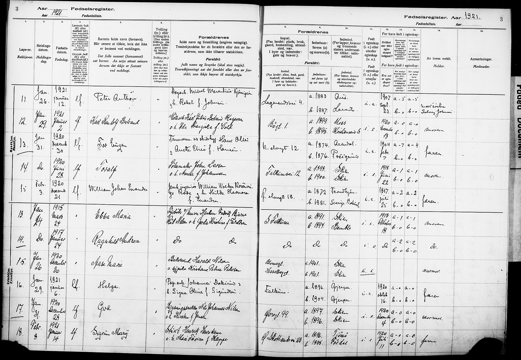 Skien kirkebøker, AV/SAKO-A-302/J/Ja/L0002: Fødselsregister nr. 2, 1921-1927, s. 3