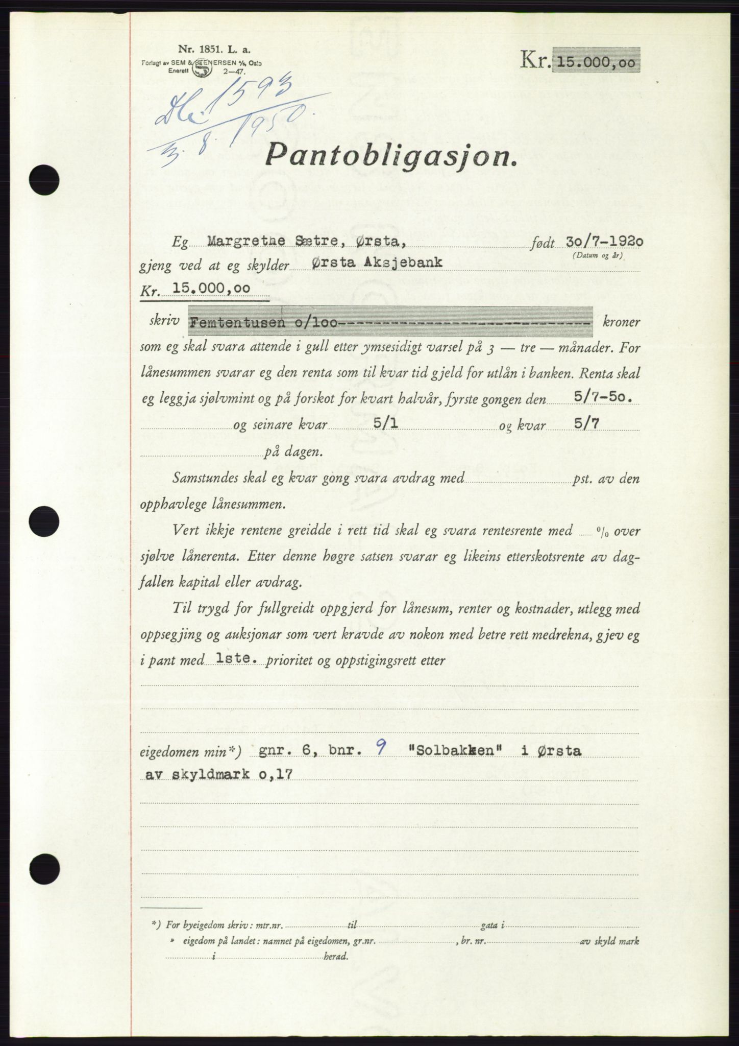 Søre Sunnmøre sorenskriveri, SAT/A-4122/1/2/2C/L0119: Pantebok nr. 7B, 1950-1951, Dagboknr: 1593/1950