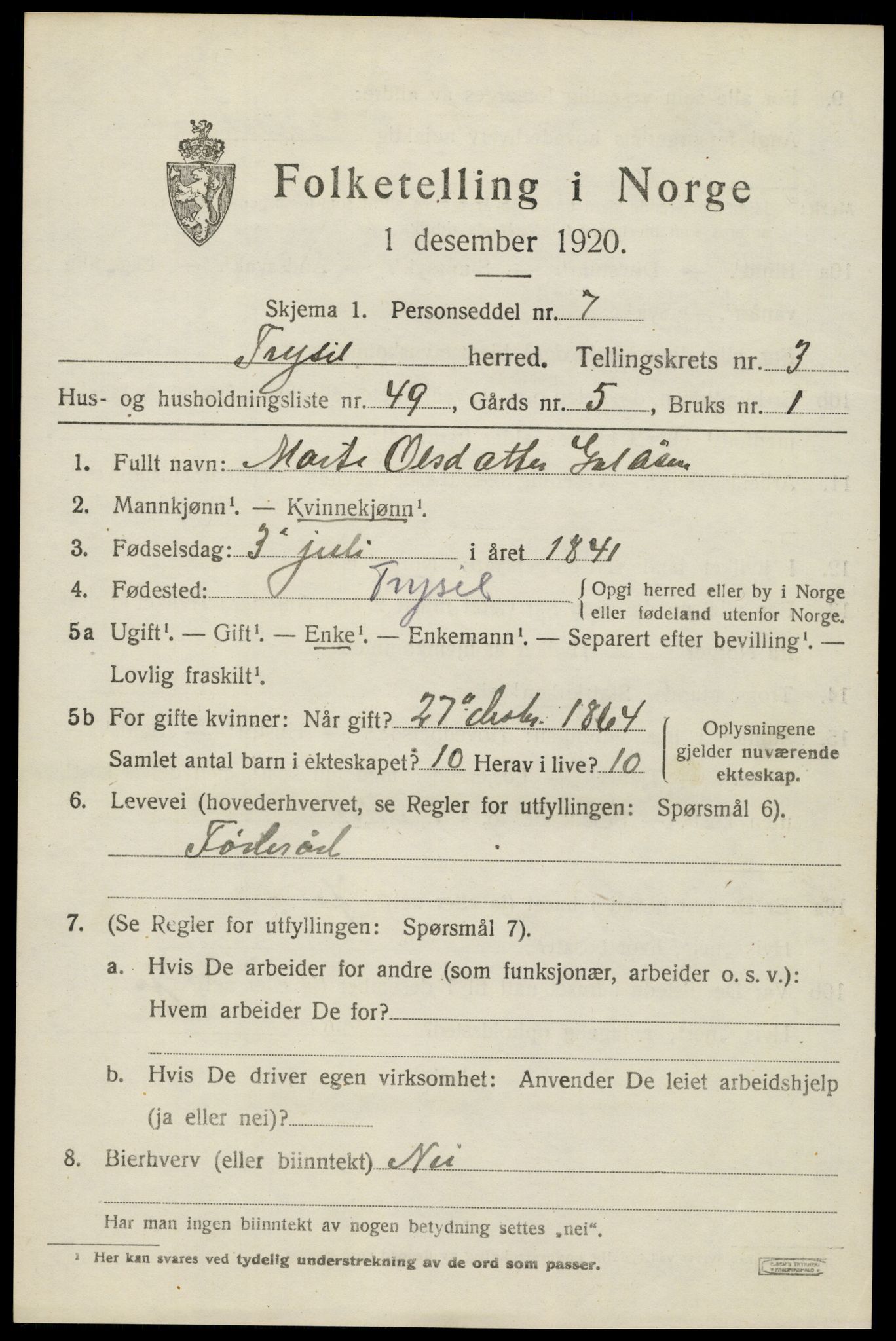 SAH, Folketelling 1920 for 0428 Trysil herred, 1920, s. 4055