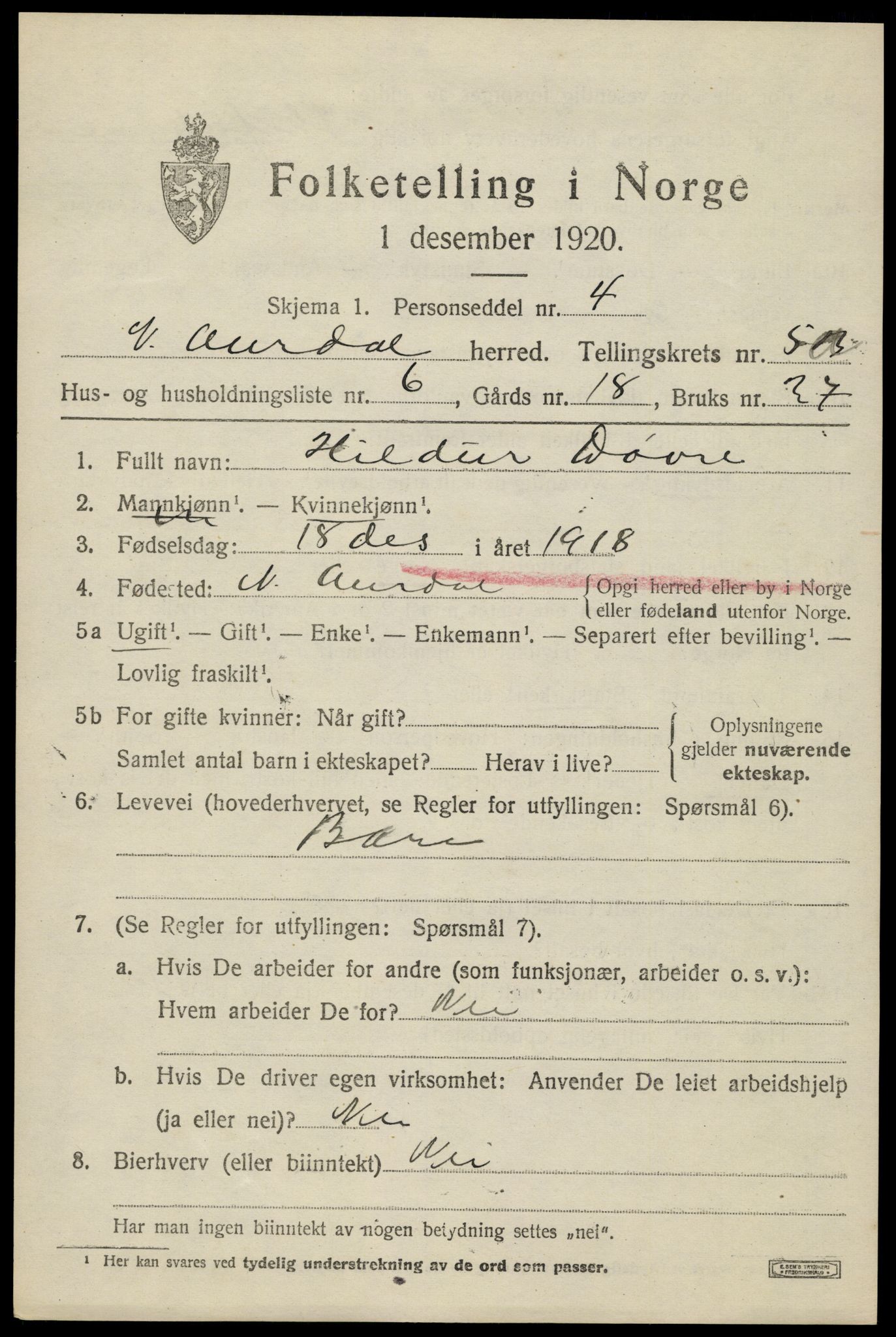 SAH, Folketelling 1920 for 0542 Nord-Aurdal herred, 1920, s. 4728