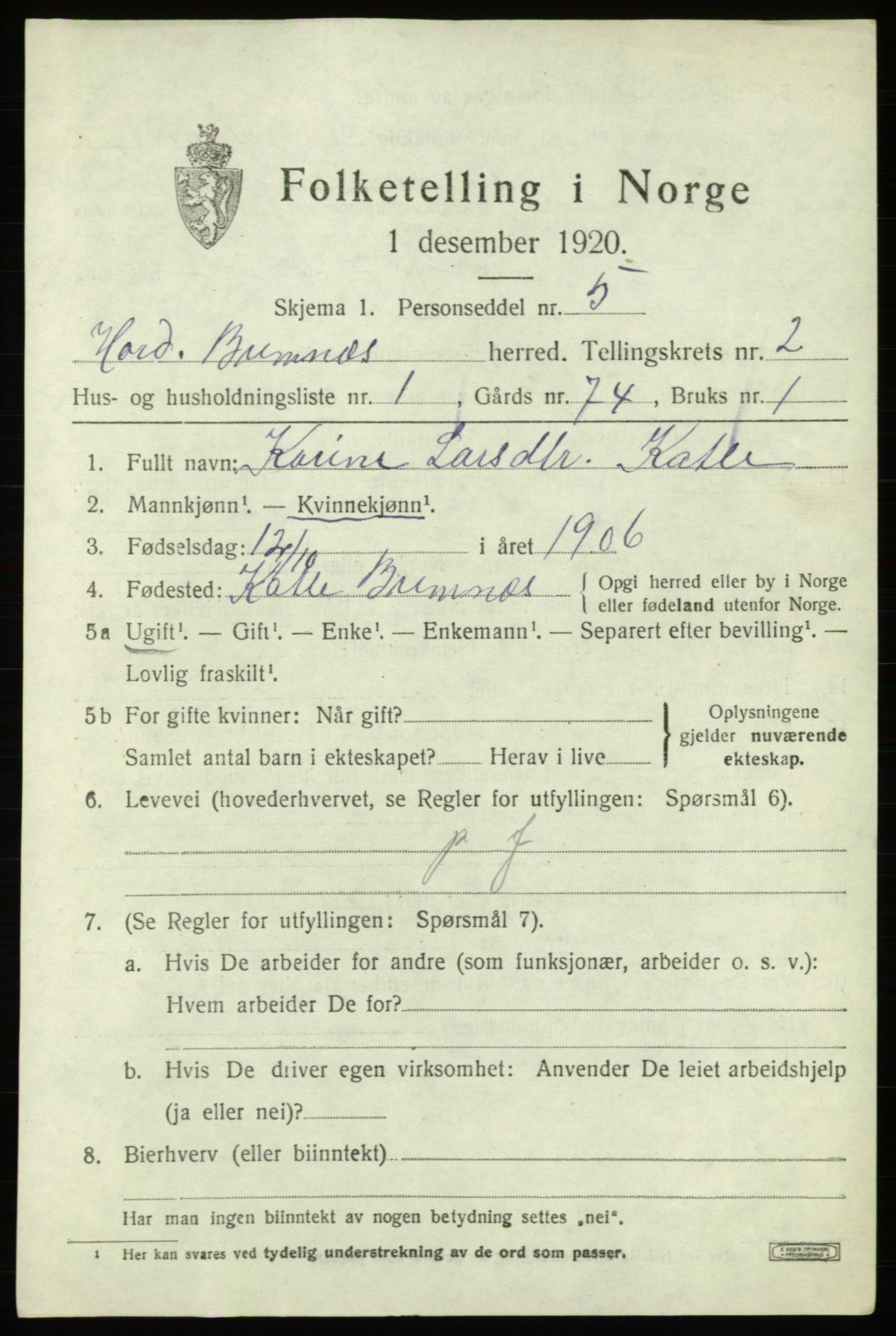 SAB, Folketelling 1920 for 1220 Bremnes herred, 1920, s. 1298