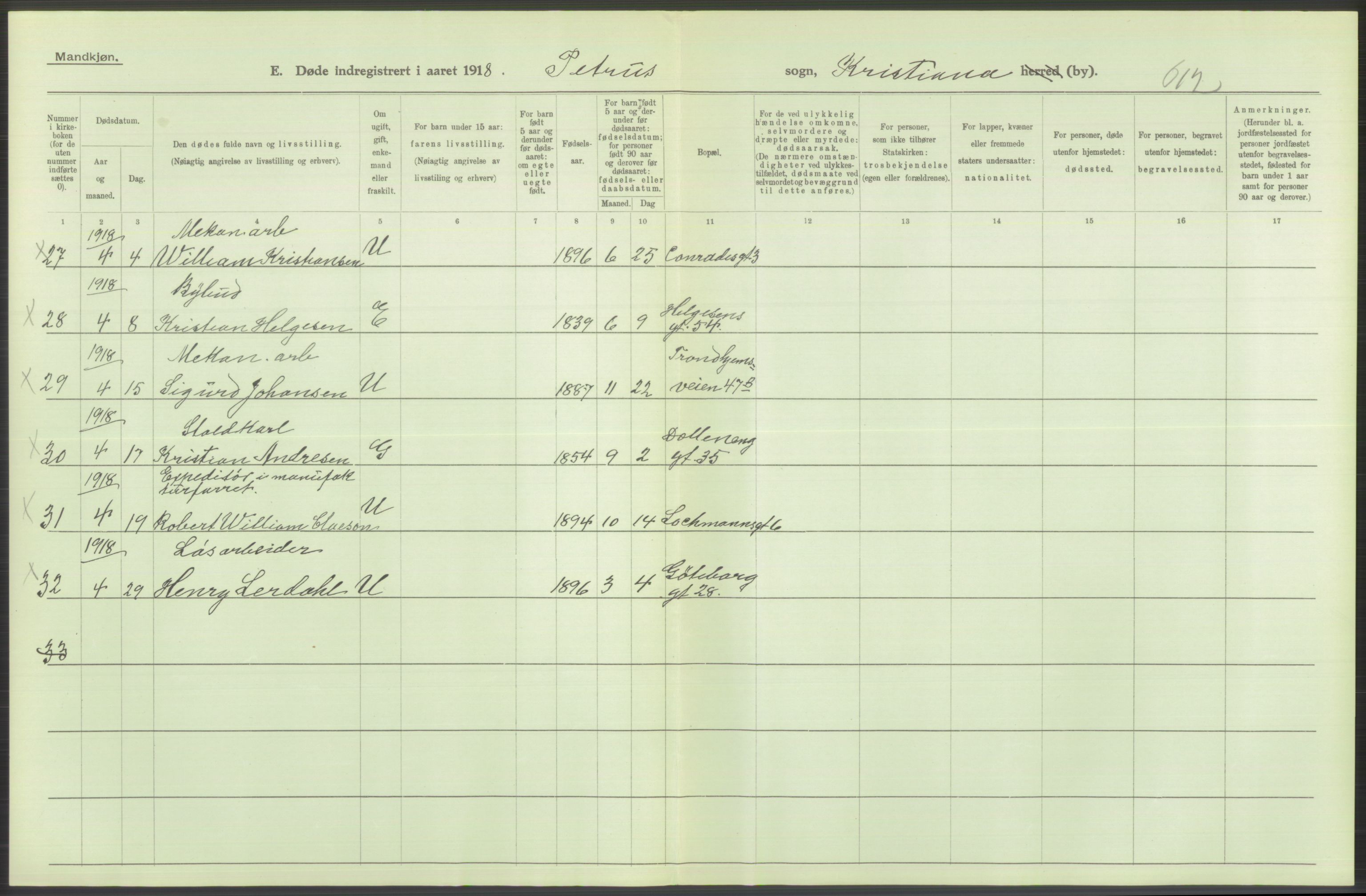 Statistisk sentralbyrå, Sosiodemografiske emner, Befolkning, AV/RA-S-2228/D/Df/Dfb/Dfbh/L0010: Kristiania: Døde, 1918, s. 564