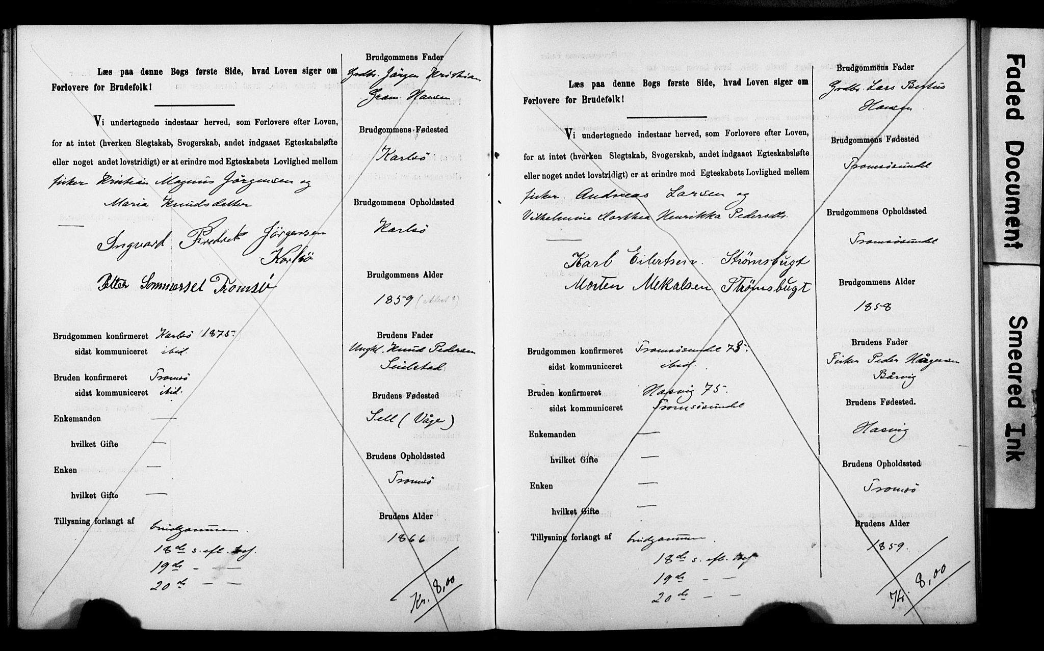 Tromsø sokneprestkontor/stiftsprosti/domprosti, AV/SATØ-S-1343/H/Hc/L0099/0001: Lysningsprotokoll nr. 99.1, 1886-1892