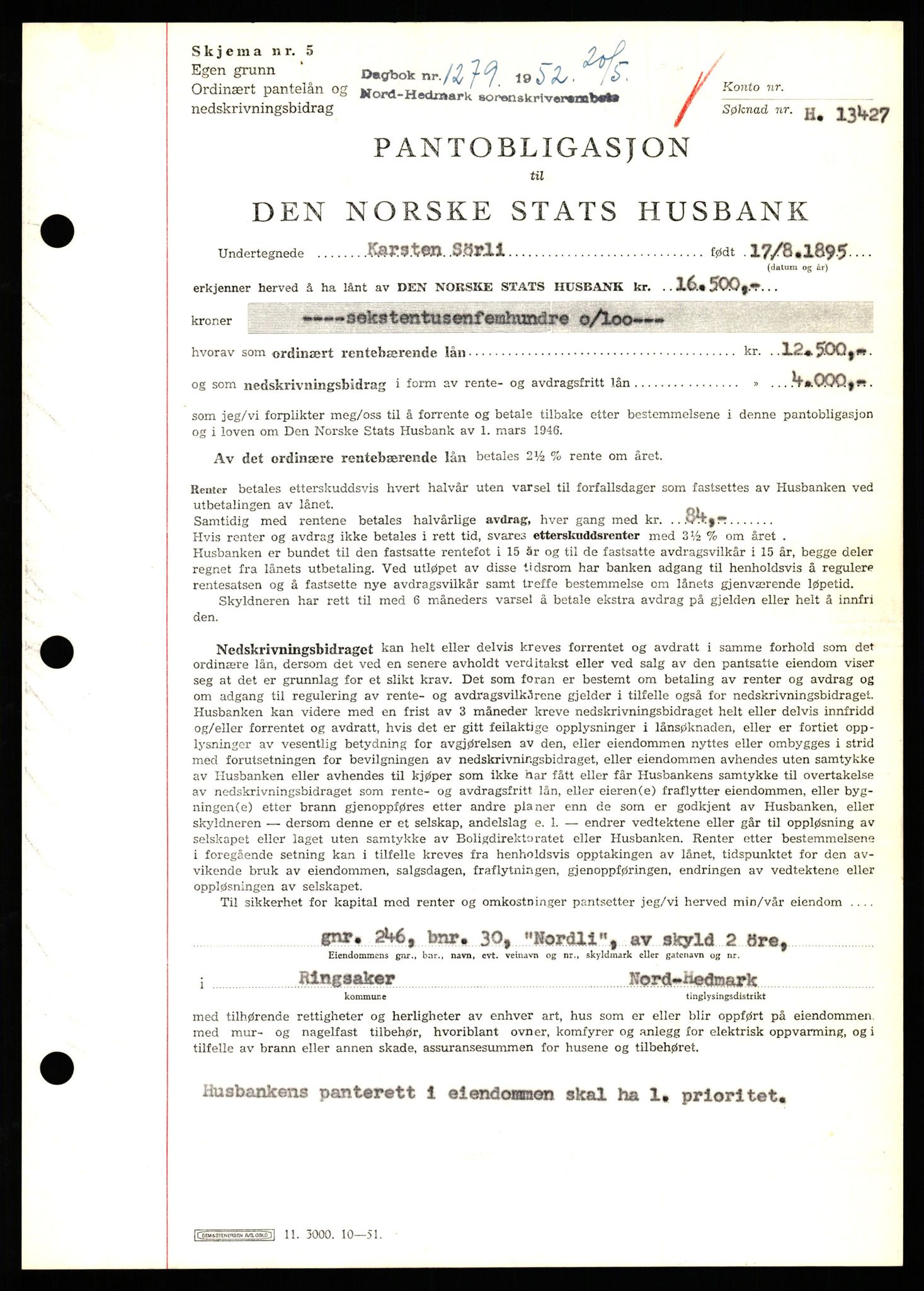 Nord-Hedmark sorenskriveri, SAH/TING-012/H/Hb/Hbf/L0025: Pantebok nr. B25, 1952-1952, Dagboknr: 1279/1952