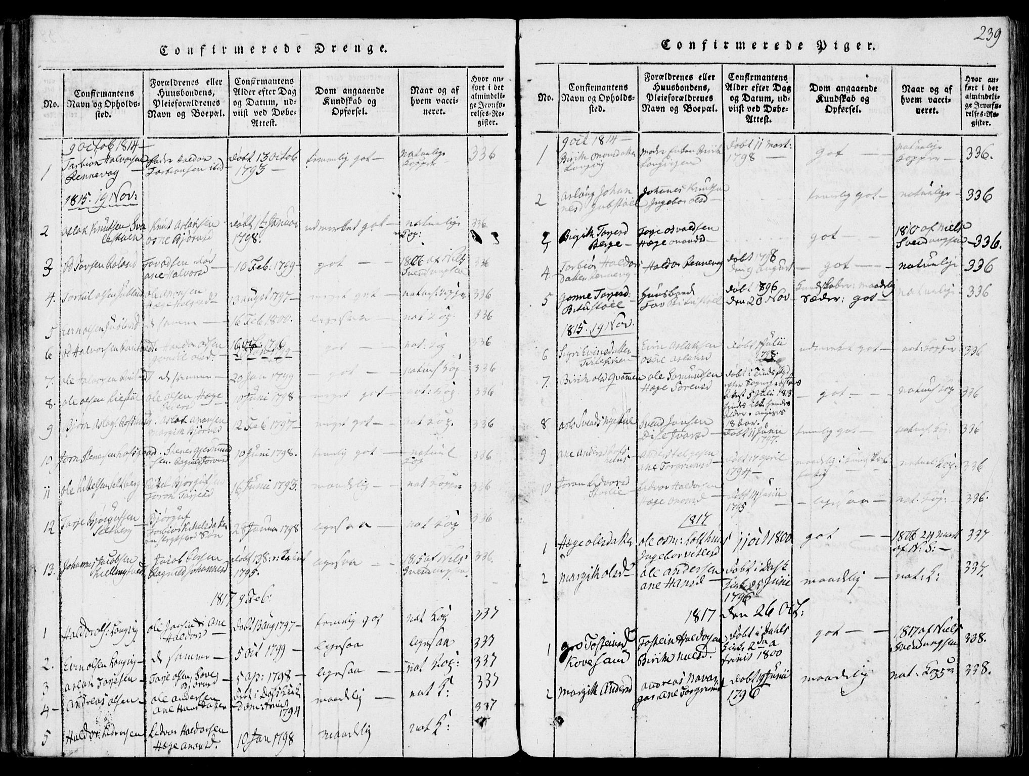 Rauland kirkebøker, AV/SAKO-A-292/G/Ga/L0001: Klokkerbok nr. I 1, 1814-1843, s. 239