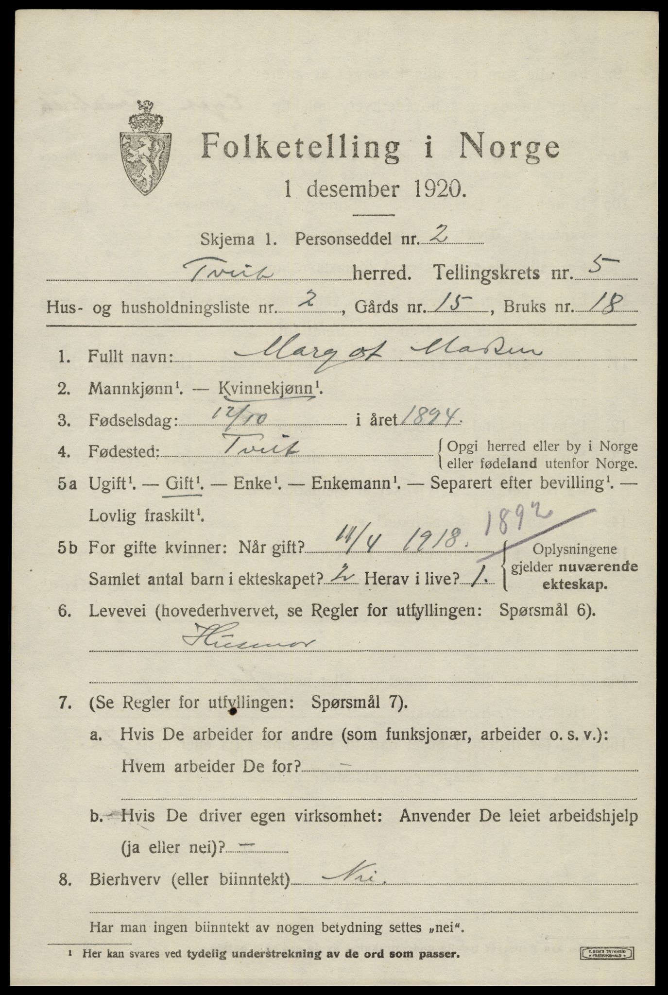 SAK, Folketelling 1920 for 1013 Tveit herred, 1920, s. 2432