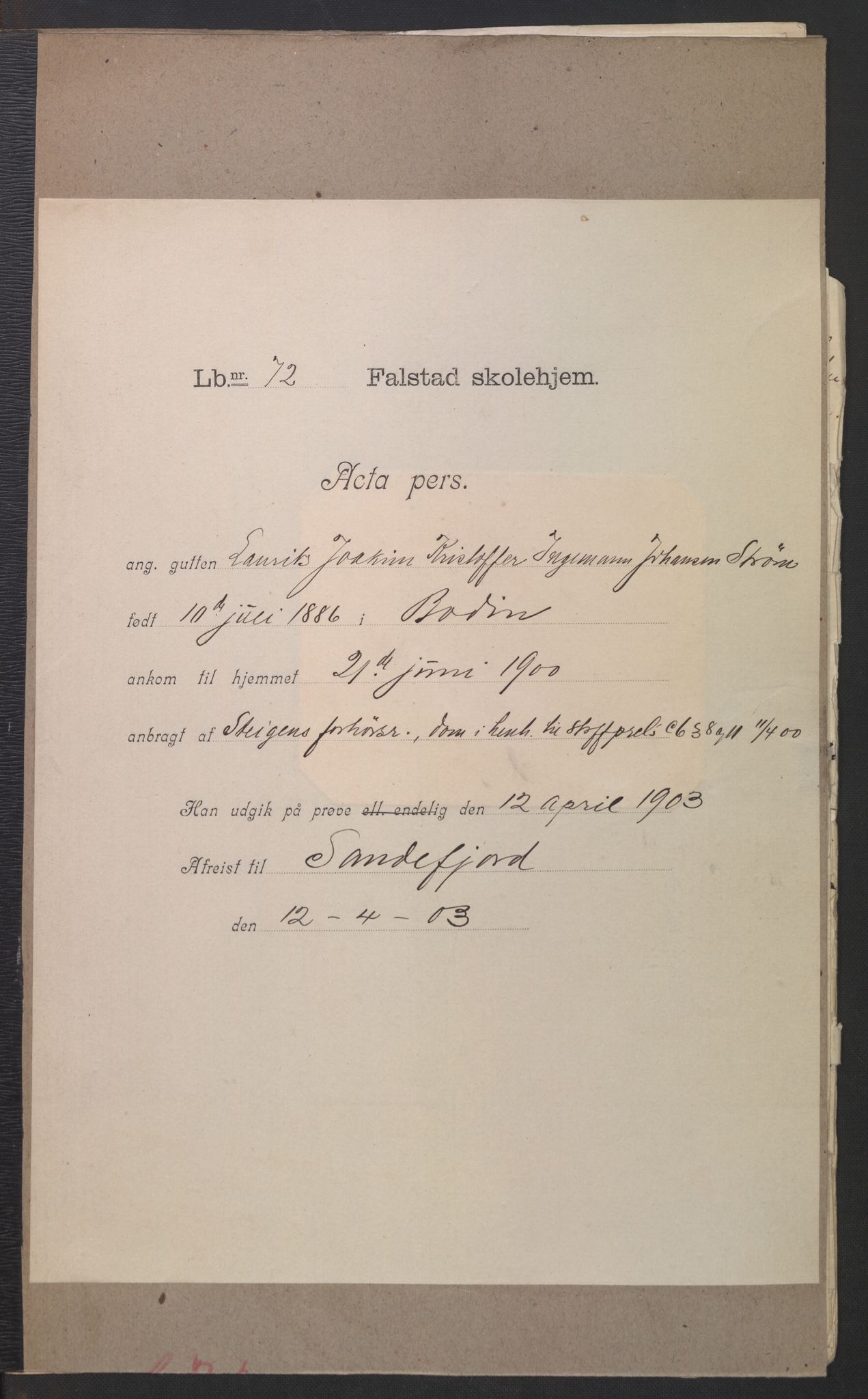 Falstad skolehjem, AV/RA-S-1676/E/Eb/L0003: Elevmapper løpenr. 62-80, 1899-1907, s. 196