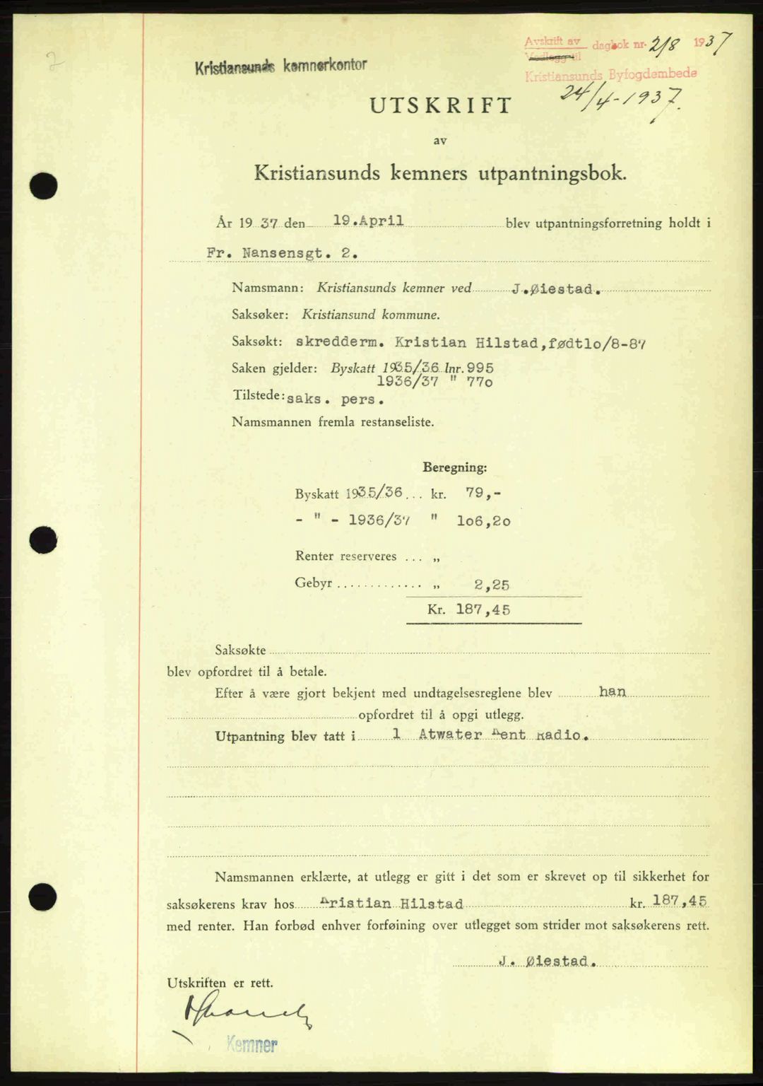 Kristiansund byfogd, SAT/A-4587/A/27: Pantebok nr. 29, 1936-1937, Dagboknr: 218/1937