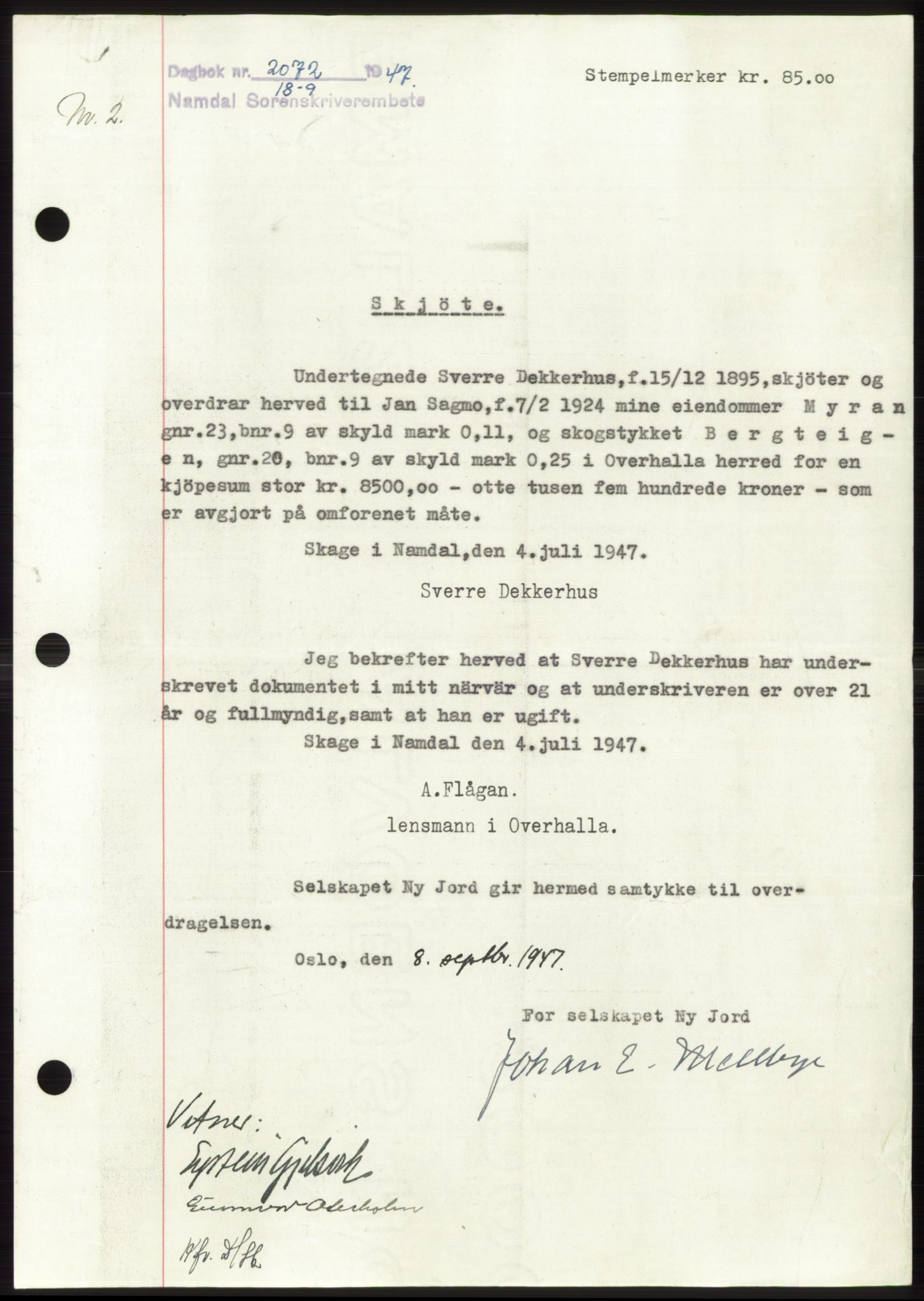 Namdal sorenskriveri, SAT/A-4133/1/2/2C: Pantebok nr. -, 1947-1947, Dagboknr: 2072/1947