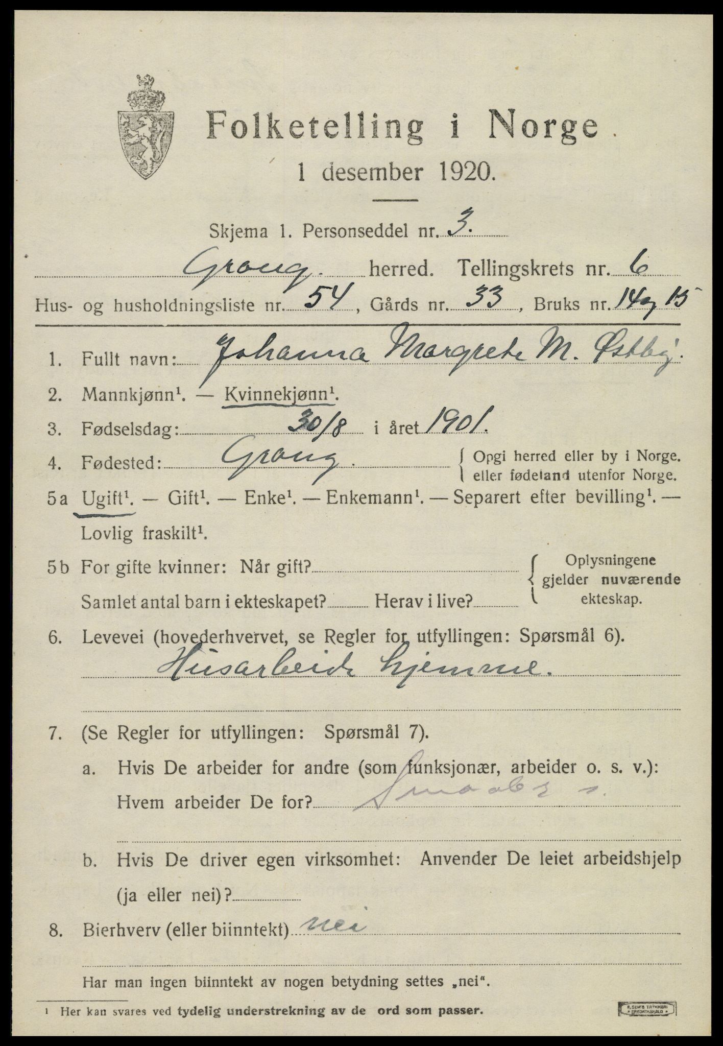 SAT, Folketelling 1920 for 1742 Grong herred, 1920, s. 4109