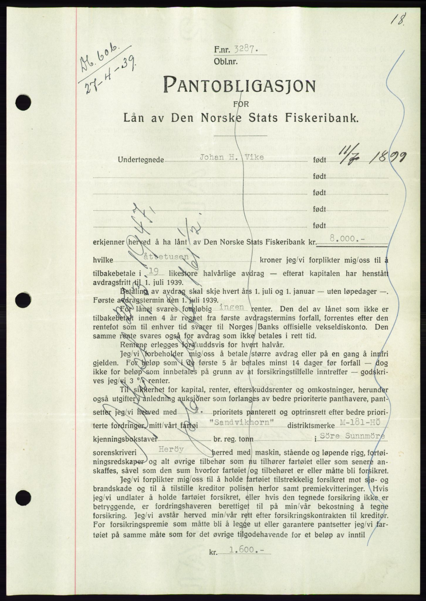 Søre Sunnmøre sorenskriveri, AV/SAT-A-4122/1/2/2C/L0068: Pantebok nr. 62, 1939-1939, Dagboknr: 606/1939