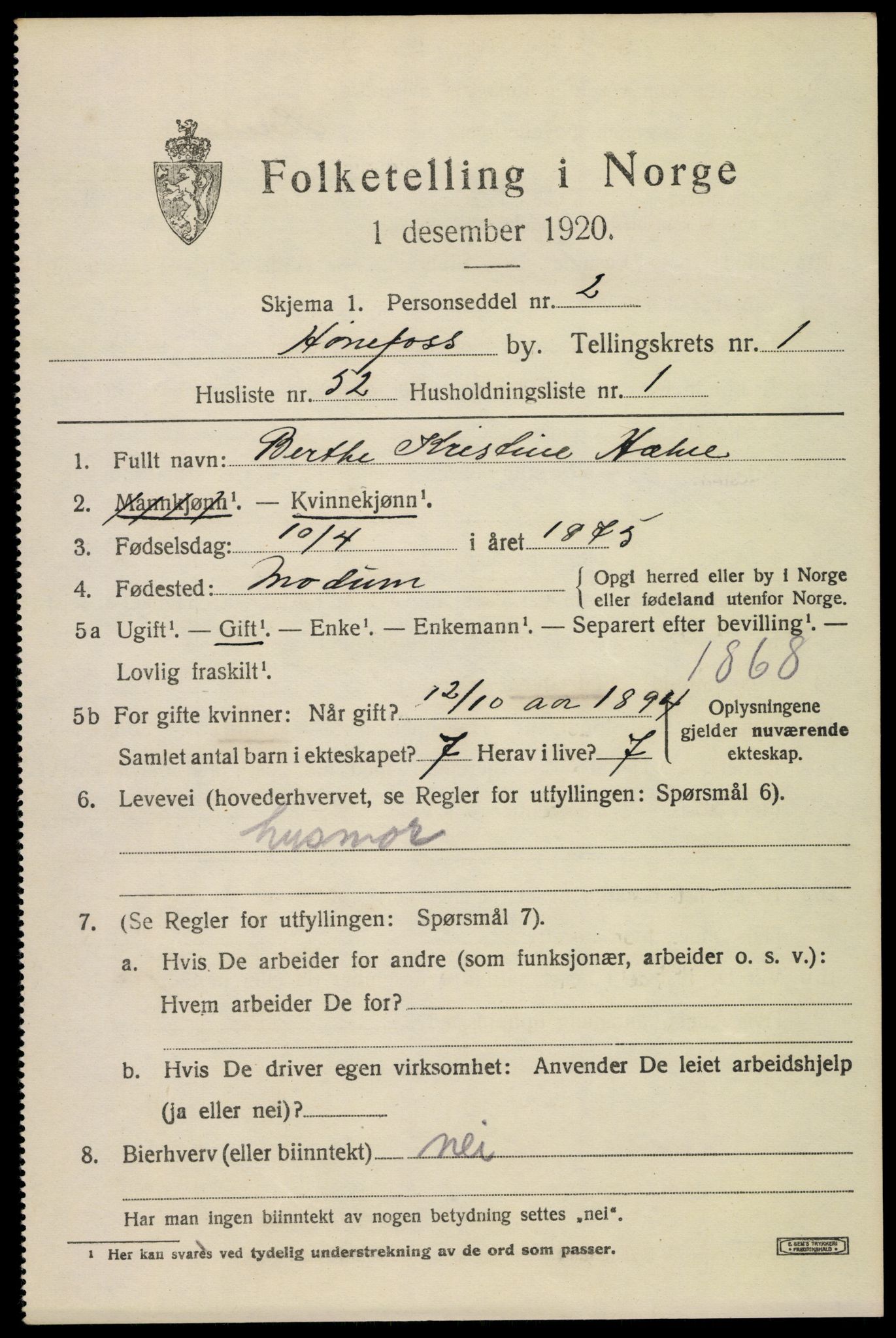 SAKO, Folketelling 1920 for 0601 Hønefoss kjøpstad, 1920, s. 3256