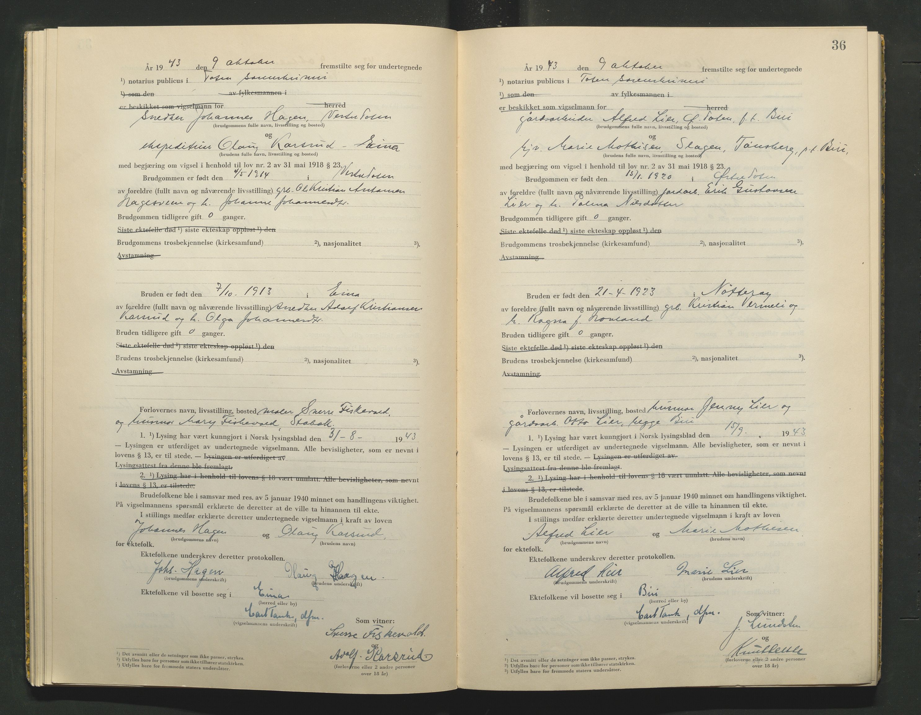 Toten tingrett, AV/SAH-TING-006/L/Lc/L0003: Vigselbok, 1943-1944, s. 36
