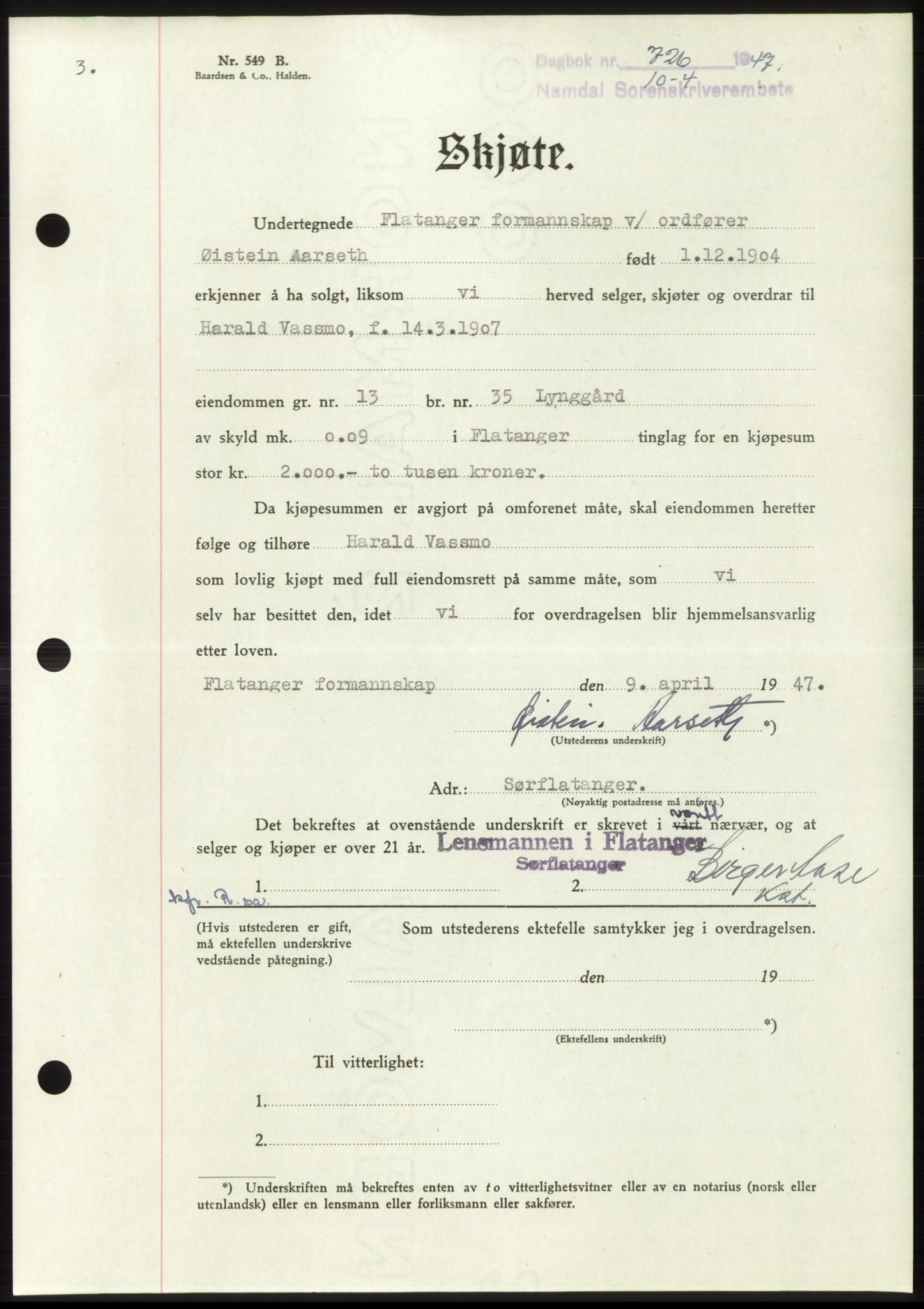 Namdal sorenskriveri, SAT/A-4133/1/2/2C: Pantebok nr. -, 1947-1947, Dagboknr: 726/1947