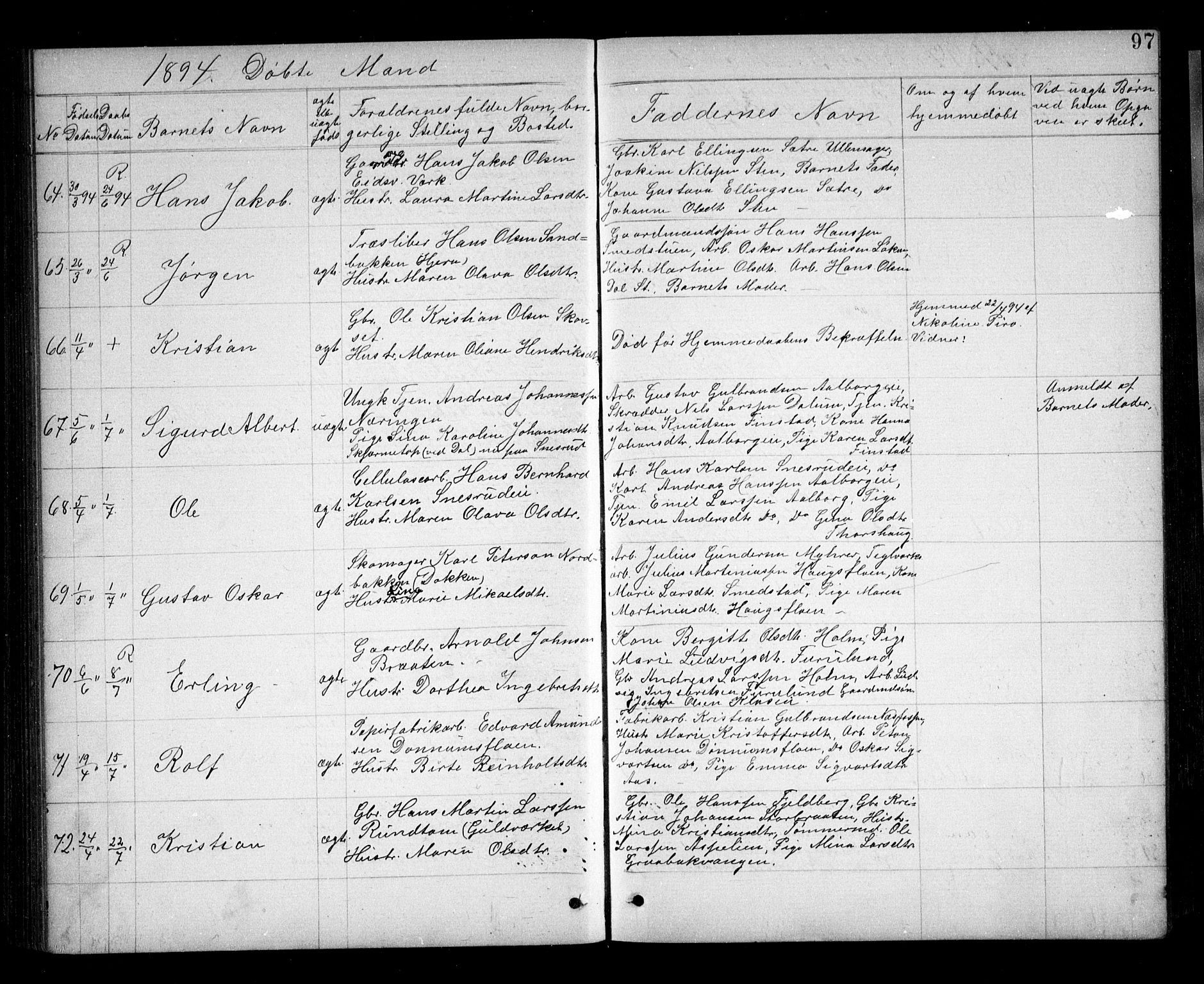 Eidsvoll prestekontor Kirkebøker, AV/SAO-A-10888/G/Ga/L0005: Klokkerbok nr. I 5, 1884-1894, s. 97