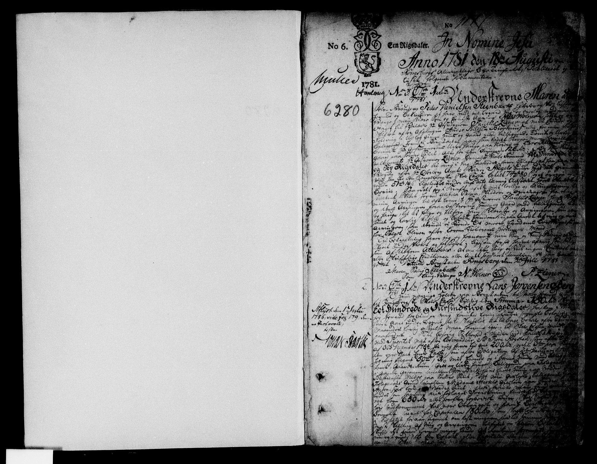 Kongsberg byfogd, SAKO/A-84/G/Ga/Gab/L0006: Pantebok nr. II 6, 1781-1798, s. 1