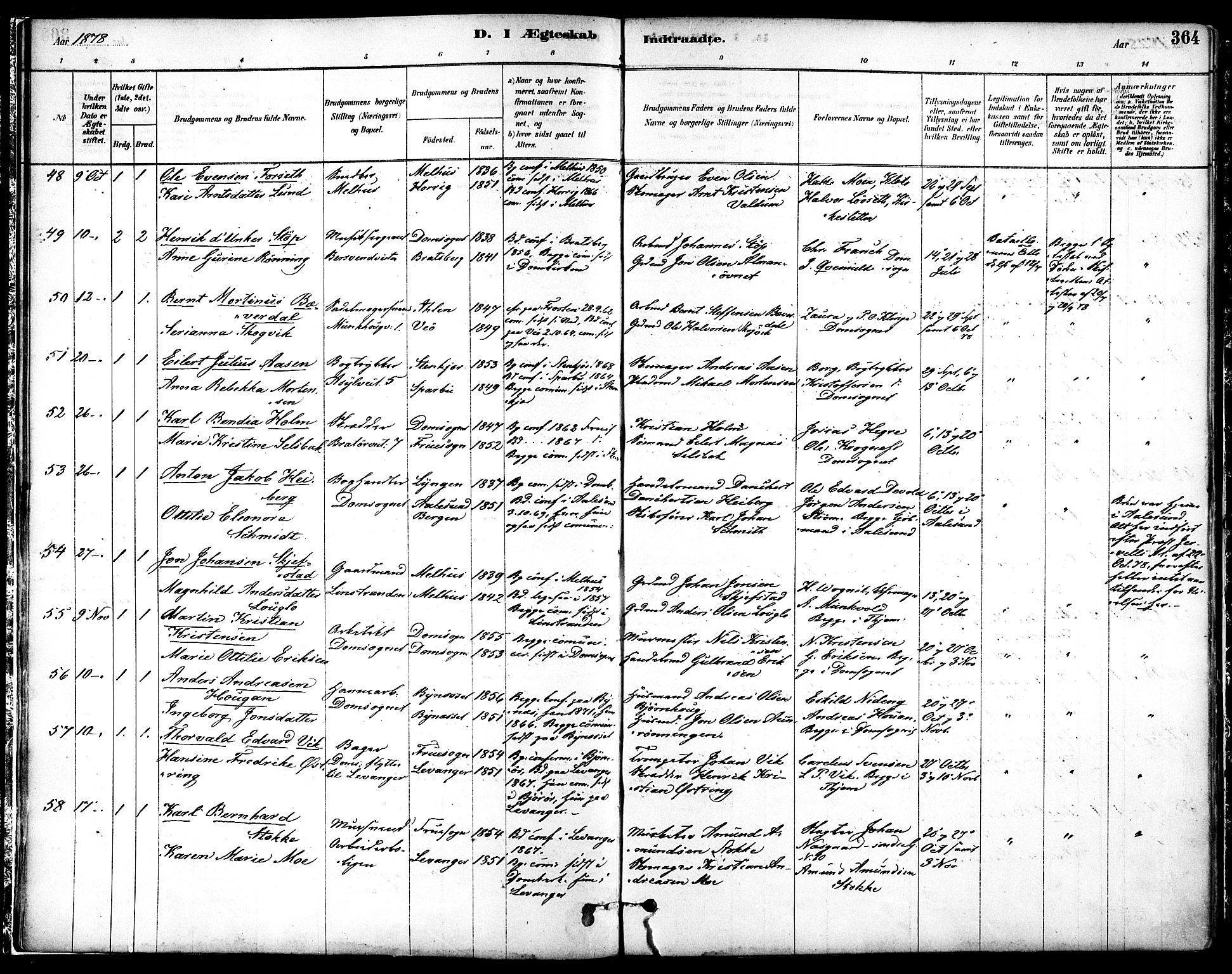 Ministerialprotokoller, klokkerbøker og fødselsregistre - Sør-Trøndelag, SAT/A-1456/601/L0058: Ministerialbok nr. 601A26, 1877-1891, s. 364