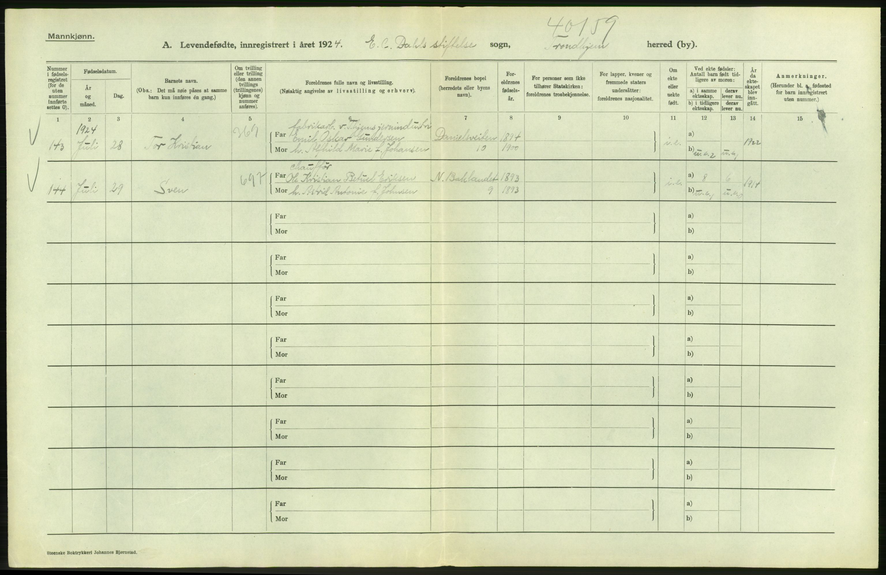 Statistisk sentralbyrå, Sosiodemografiske emner, Befolkning, AV/RA-S-2228/D/Df/Dfc/Dfcd/L0037: Trondheim: Levendefødte menn og kvinner, gifte, døde, dødfødte., 1924, s. 174