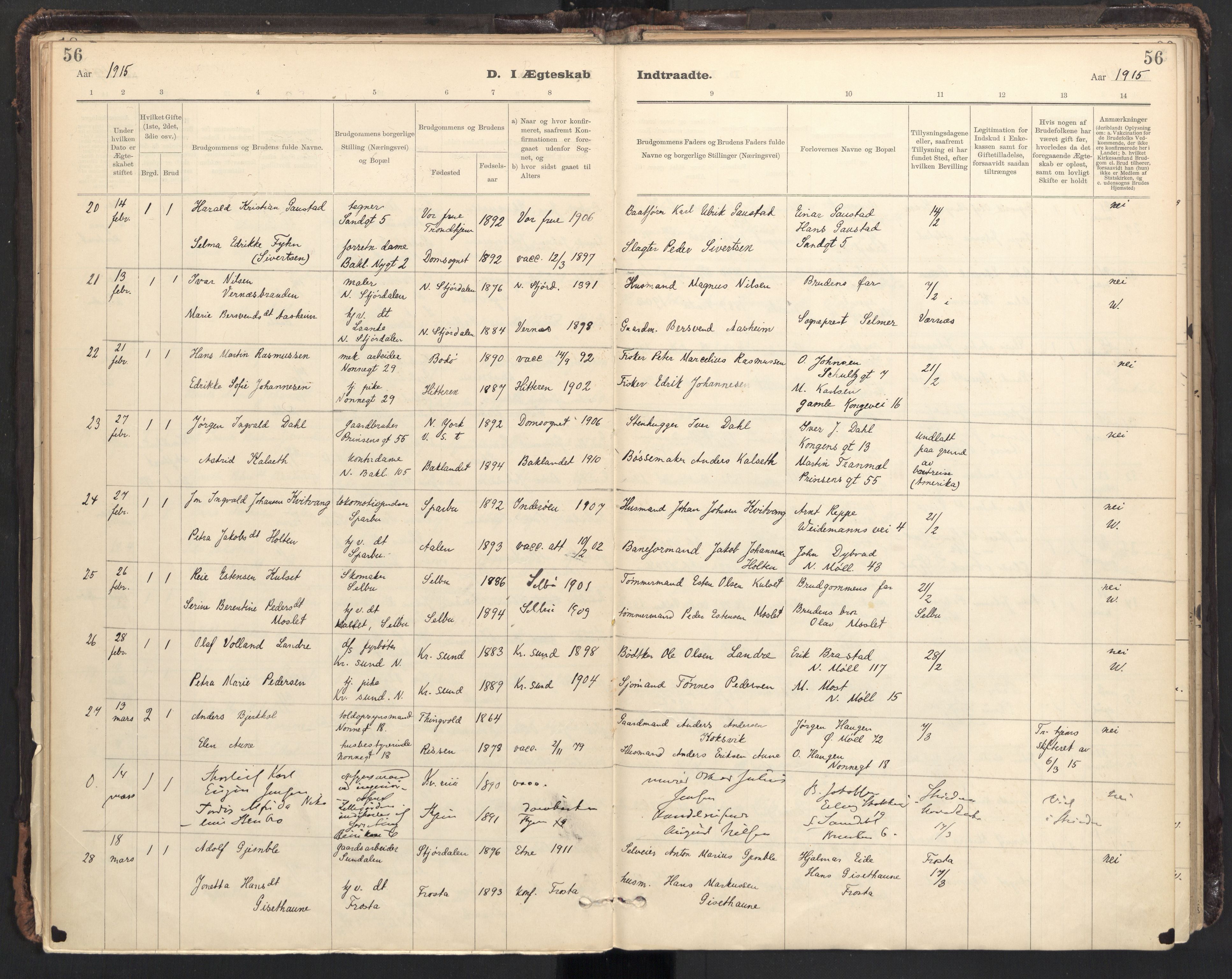 Ministerialprotokoller, klokkerbøker og fødselsregistre - Sør-Trøndelag, AV/SAT-A-1456/604/L0204: Ministerialbok nr. 604A24, 1911-1920, s. 56