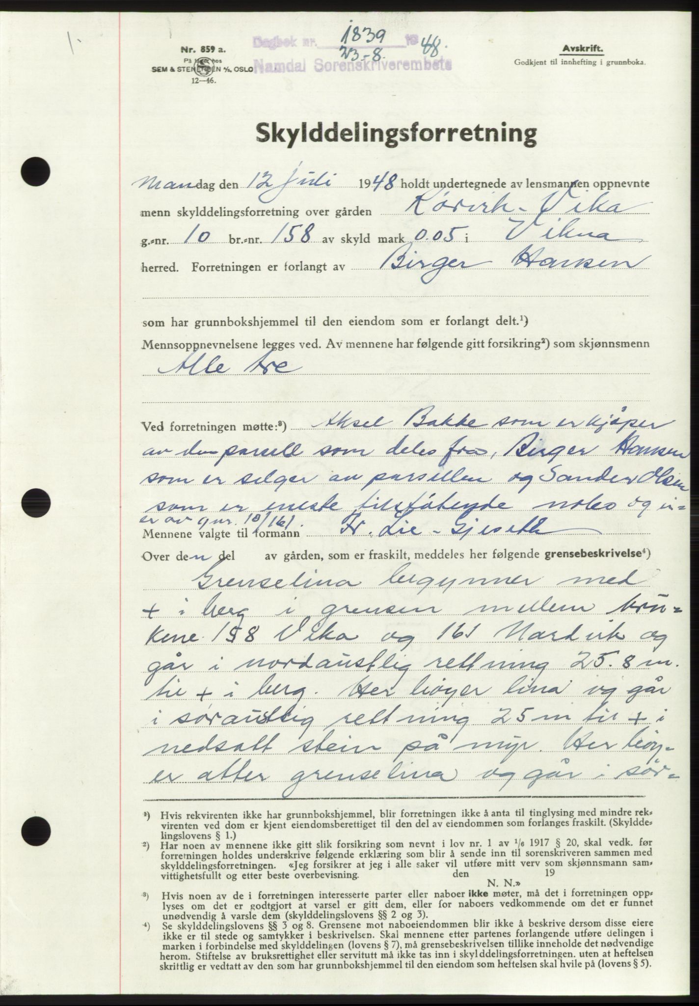 Namdal sorenskriveri, SAT/A-4133/1/2/2C: Pantebok nr. -, 1948-1948, Dagboknr: 1839/1948
