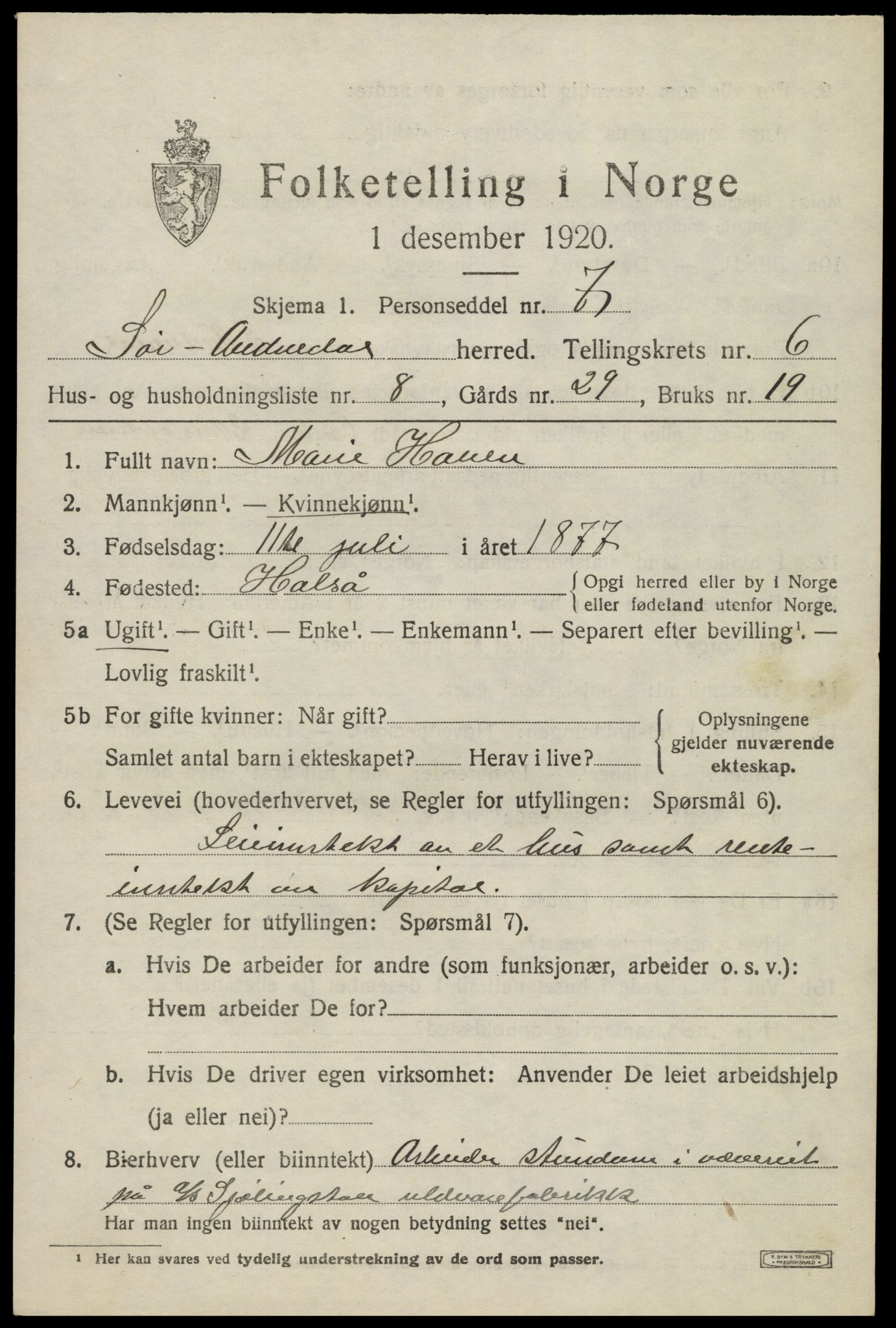 SAK, Folketelling 1920 for 1029 Sør-Audnedal herred, 1920, s. 2779