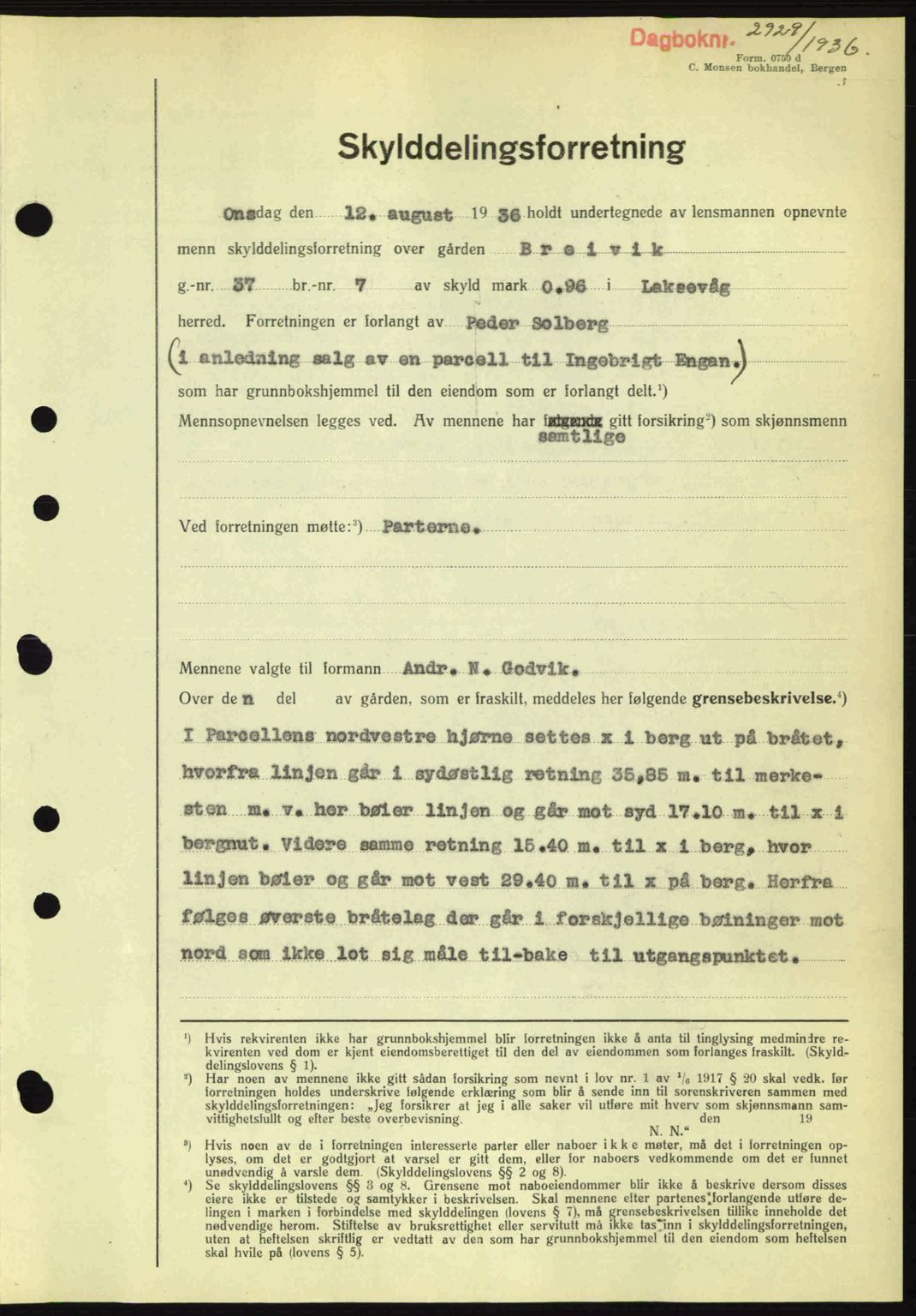 Midhordland sorenskriveri, SAB/A-3001/1/G/Gb/Gbk/L0001: Pantebok nr. A1-6, 1936-1937, Dagboknr: 2929/1936