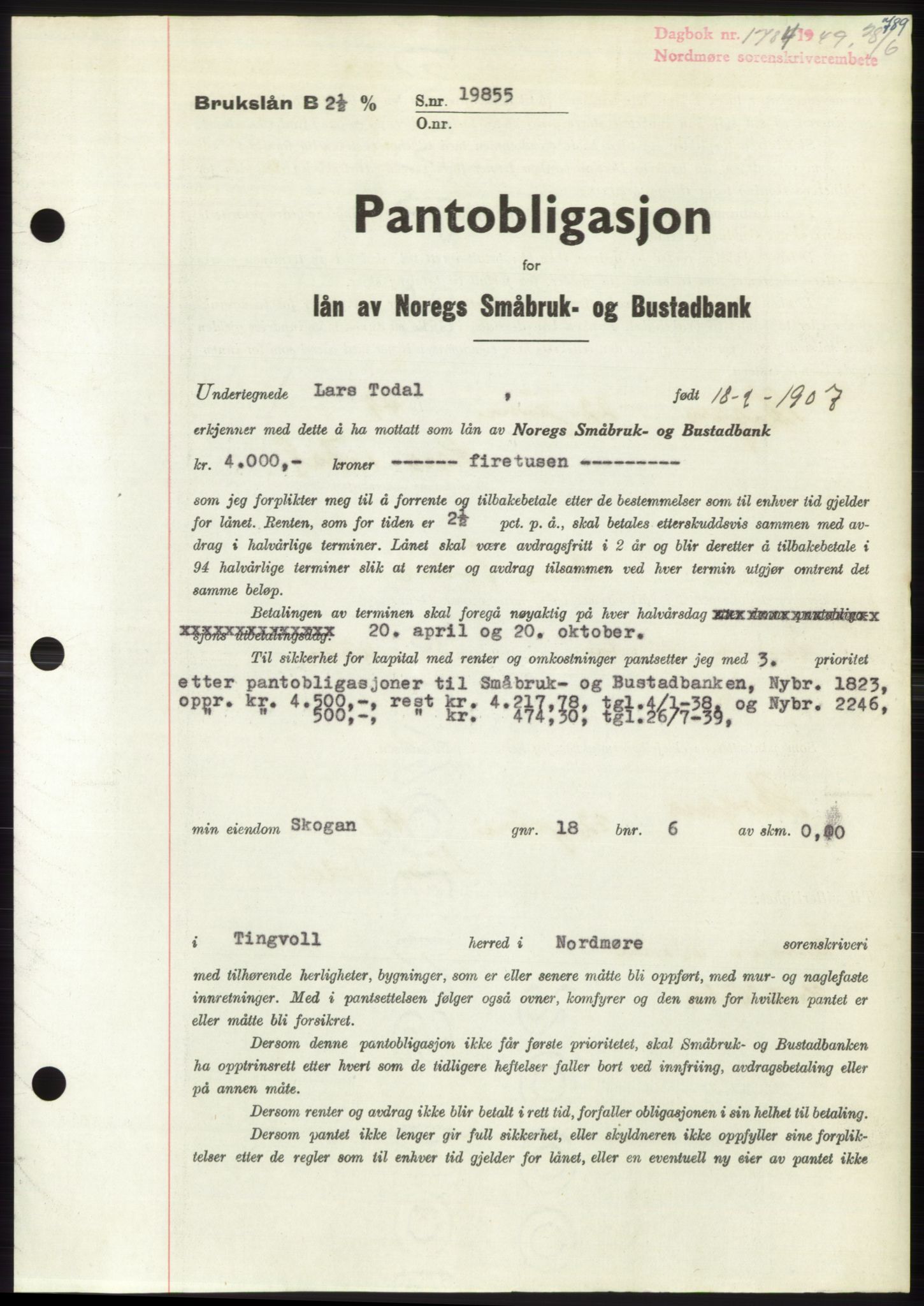 Nordmøre sorenskriveri, SAT/A-4132/1/2/2Ca: Pantebok nr. B101, 1949-1949, Dagboknr: 1784/1949