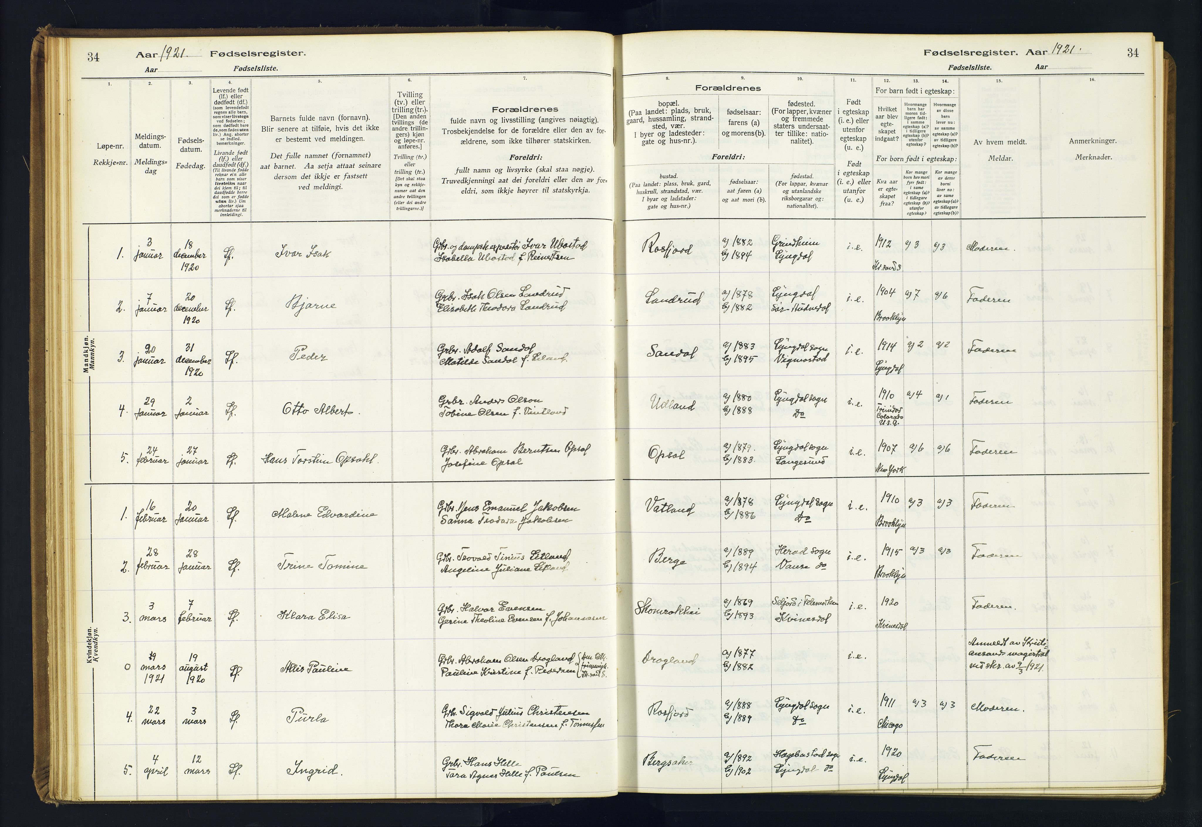 Lyngdal sokneprestkontor, SAK/1111-0029/J/Ja/L0001: Fødselsregister nr. A-VI-26, 1916-1951, s. 34