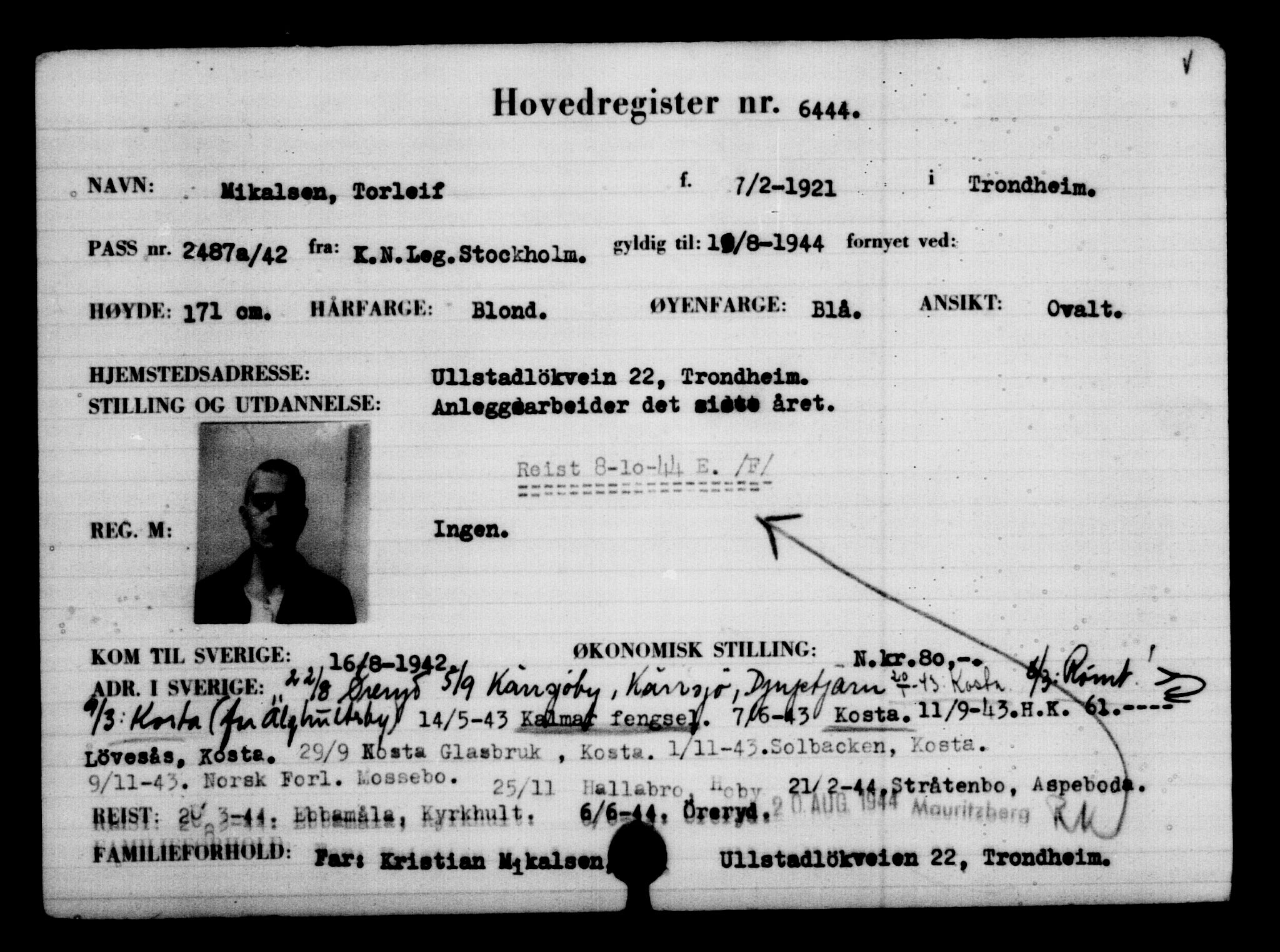 Utenriksstasjonene, Legasjonen i Stockholm, Flyktningkontoret, AV/RA-S-6753/V/Va/L0004: Kjesäterkartoteket, flyktninger med registreringsnr. 3496-6610, 1940-1945, s. 3490