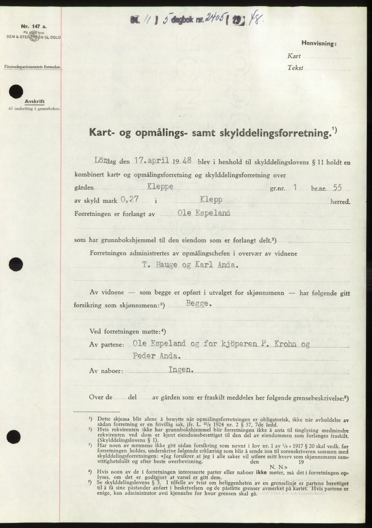 Jæren sorenskriveri, SAST/A-100310/03/G/Gba/L0099: Pantebok, 1948-1948, Dagboknr: 2405/1948