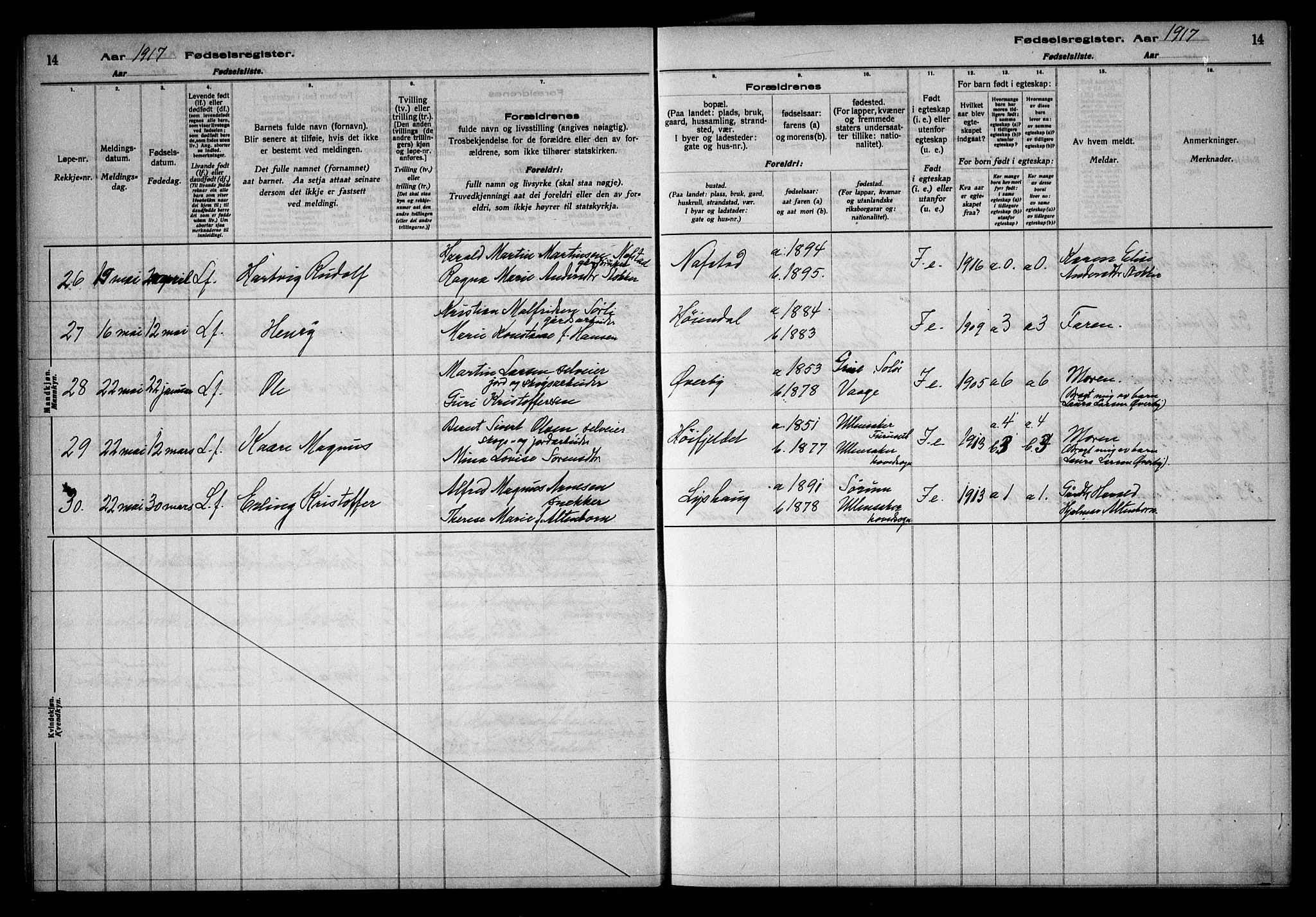 Ullensaker prestekontor Kirkebøker, AV/SAO-A-10236a/J/Ja/L0001: Fødselsregister nr. I 1, 1916-1938, s. 14