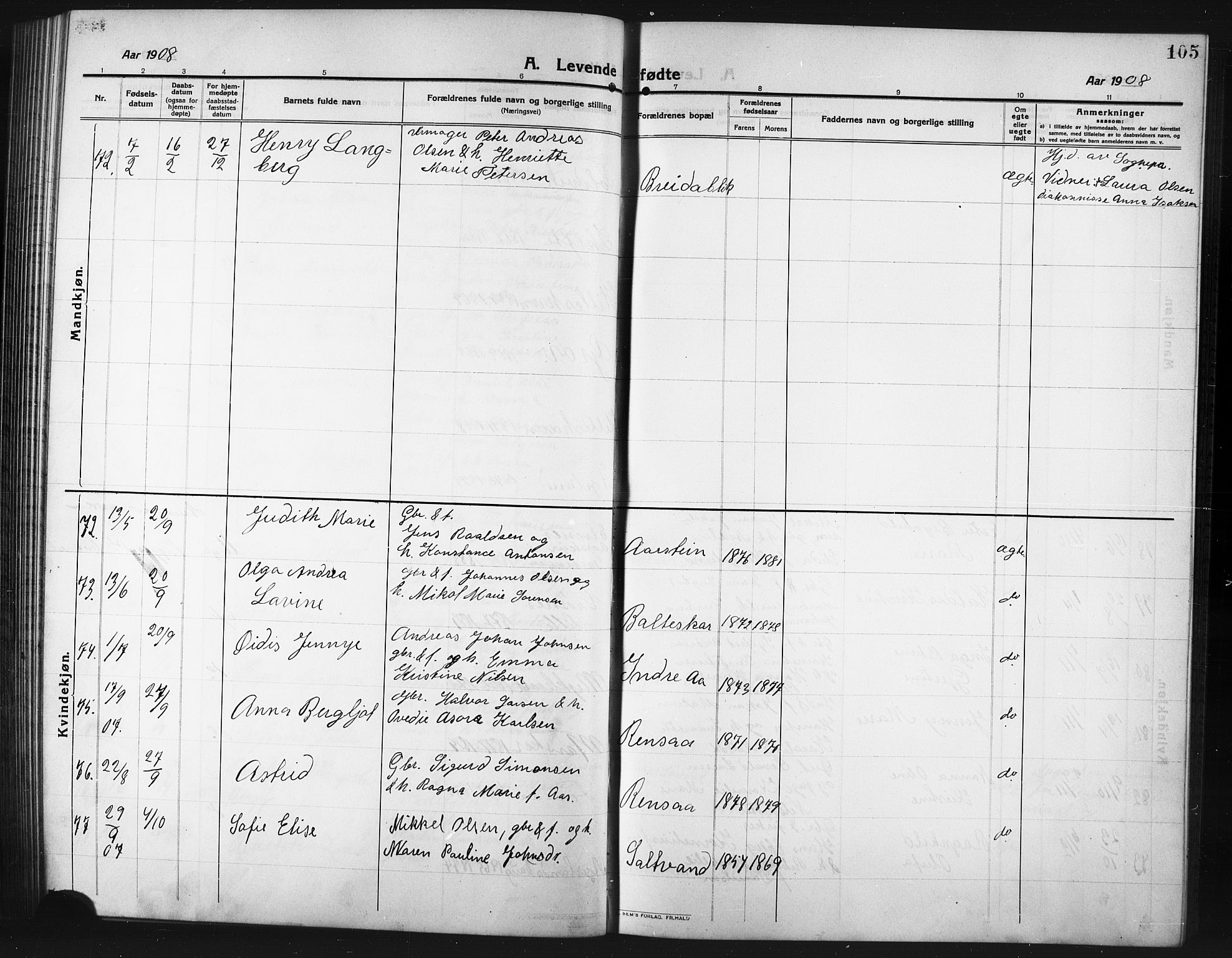 Ibestad sokneprestembete, AV/SATØ-S-0077/H/Ha/Hab/L0009klokker: Klokkerbok nr. 9, 1902-1914, s. 105
