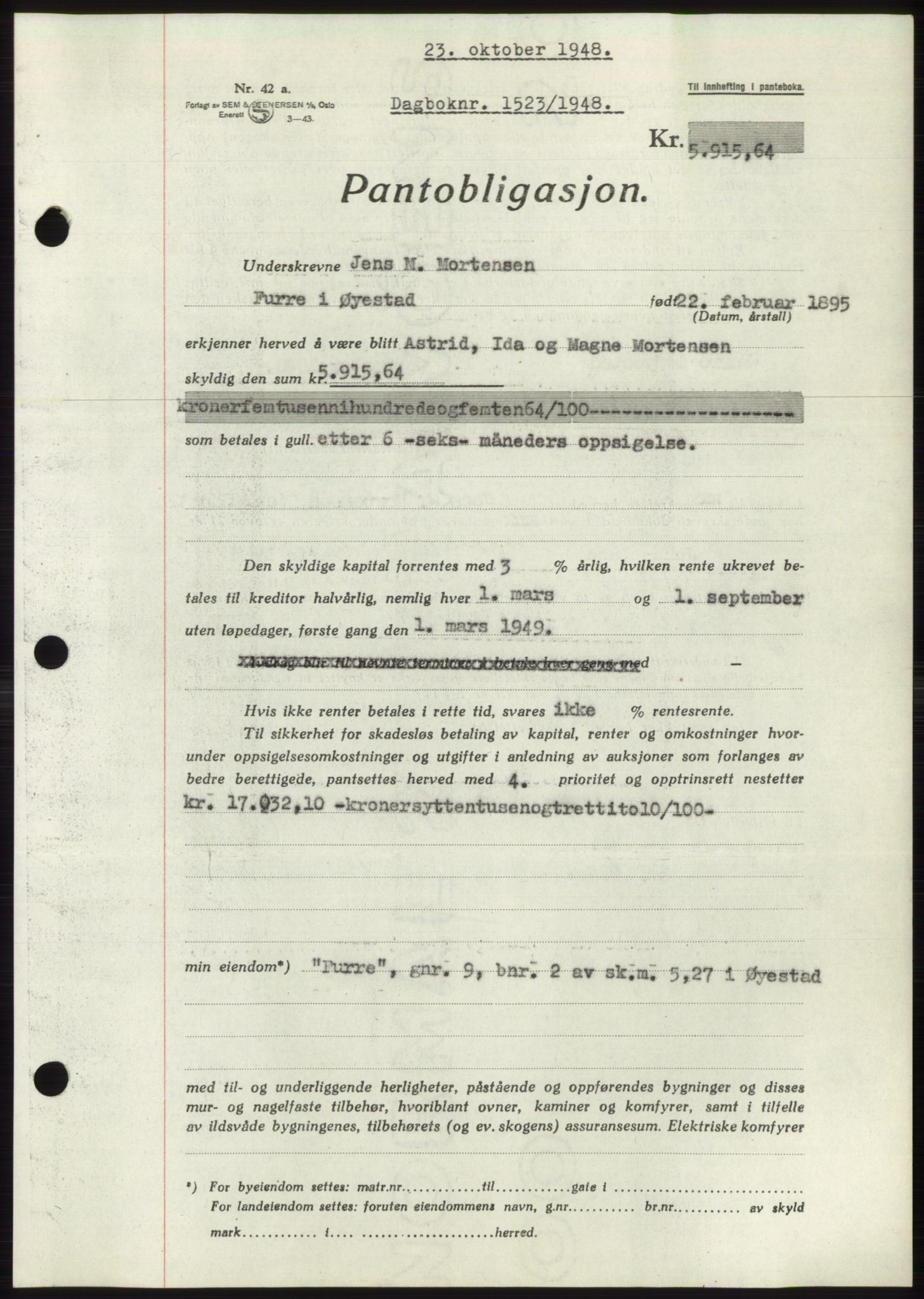 Nedenes sorenskriveri, AV/SAK-1221-0006/G/Gb/Gbb/L0005: Pantebok nr. B5, 1948-1948, Dagboknr: 1523/1948