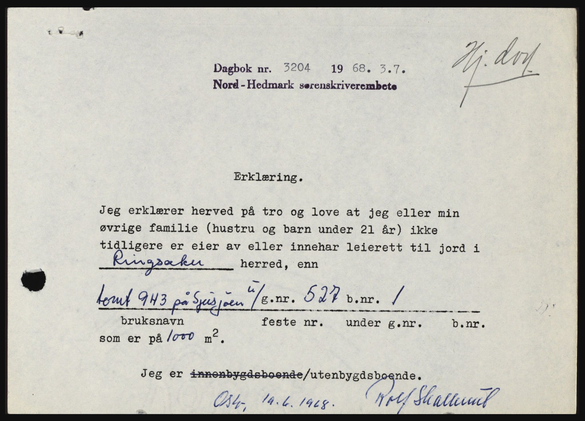 Nord-Hedmark sorenskriveri, SAH/TING-012/H/Hc/L0028: Pantebok nr. 28, 1968-1968, Dagboknr: 3204/1968
