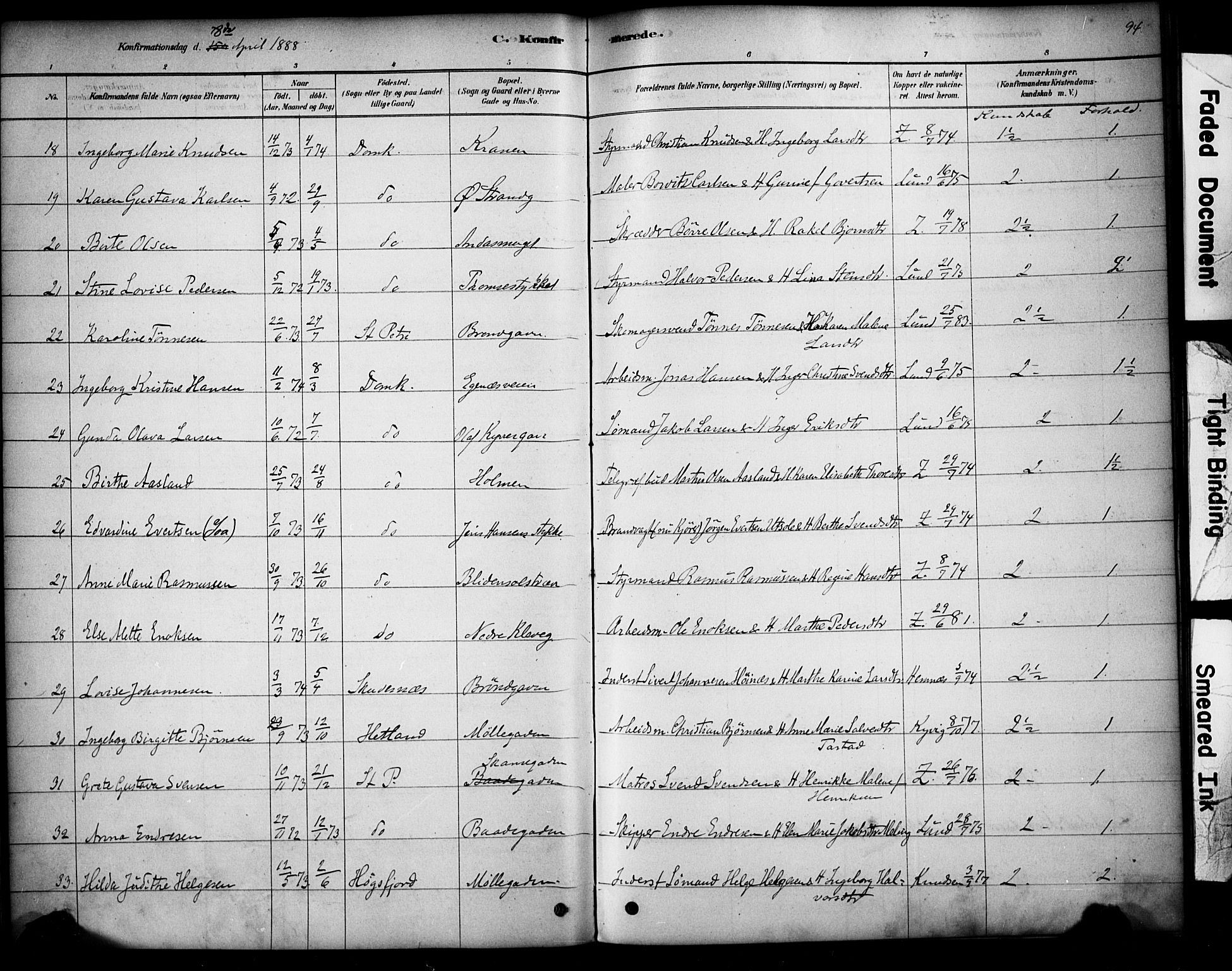 Domkirken sokneprestkontor, AV/SAST-A-101812/001/30/30BA/L0028: Ministerialbok nr. A 27, 1878-1896, s. 94