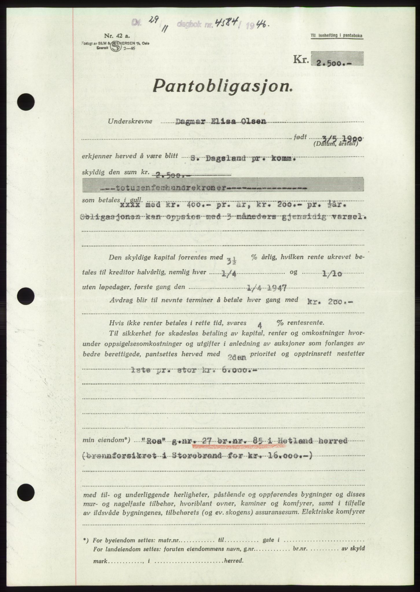 Jæren sorenskriveri, SAST/A-100310/03/G/Gba/L0092: Pantebok, 1946-1946, Dagboknr: 4584/1946