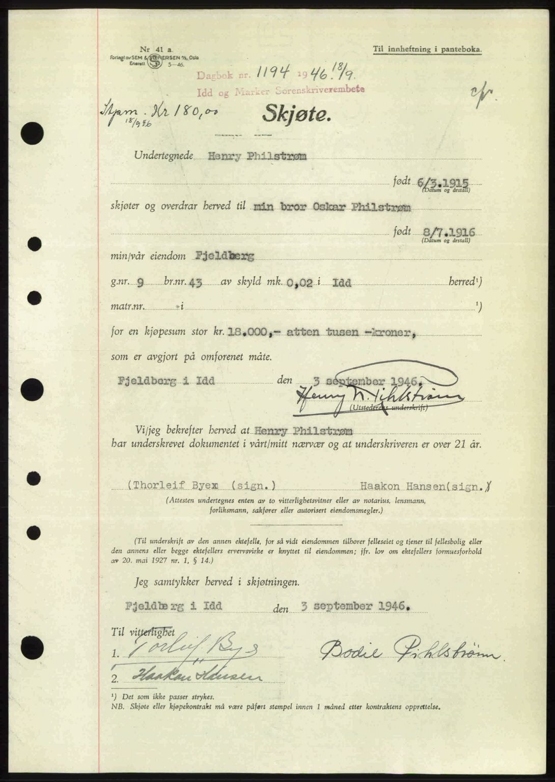 Idd og Marker sorenskriveri, AV/SAO-A-10283/G/Gb/Gbb/L0008: Pantebok nr. A8, 1946-1946, Dagboknr: 1194/1946