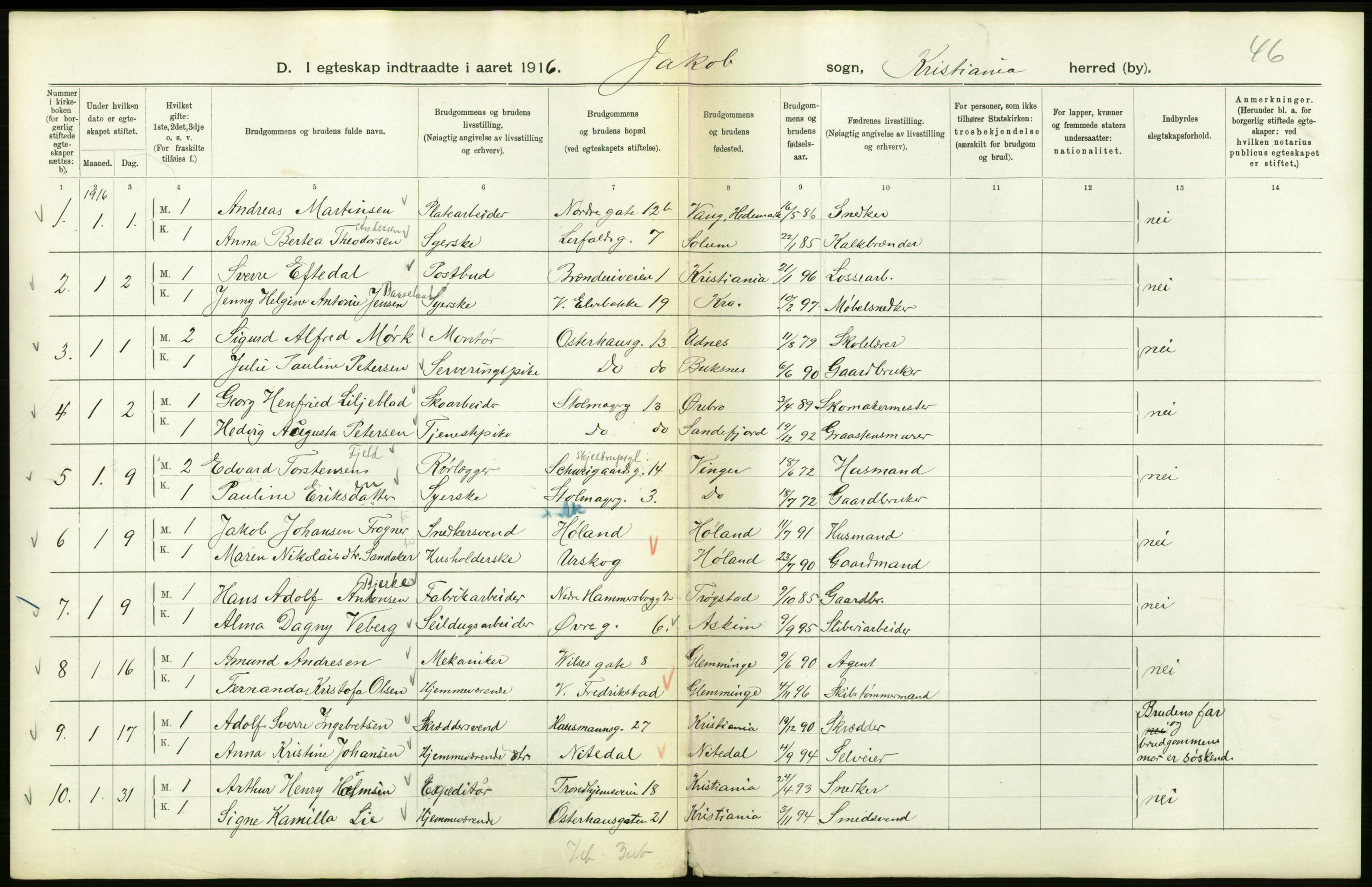 Statistisk sentralbyrå, Sosiodemografiske emner, Befolkning, RA/S-2228/D/Df/Dfb/Dfbf/L0008: Kristiania: Gifte, 1916, s. 610