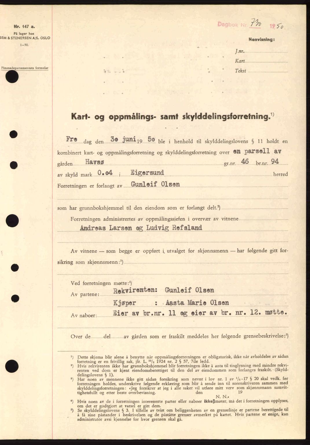 Dalane sorenskriveri, SAST/A-100309/02/G/Gb/L0055: Pantebok nr. A15, 1950-1950, Dagboknr: 730/1950