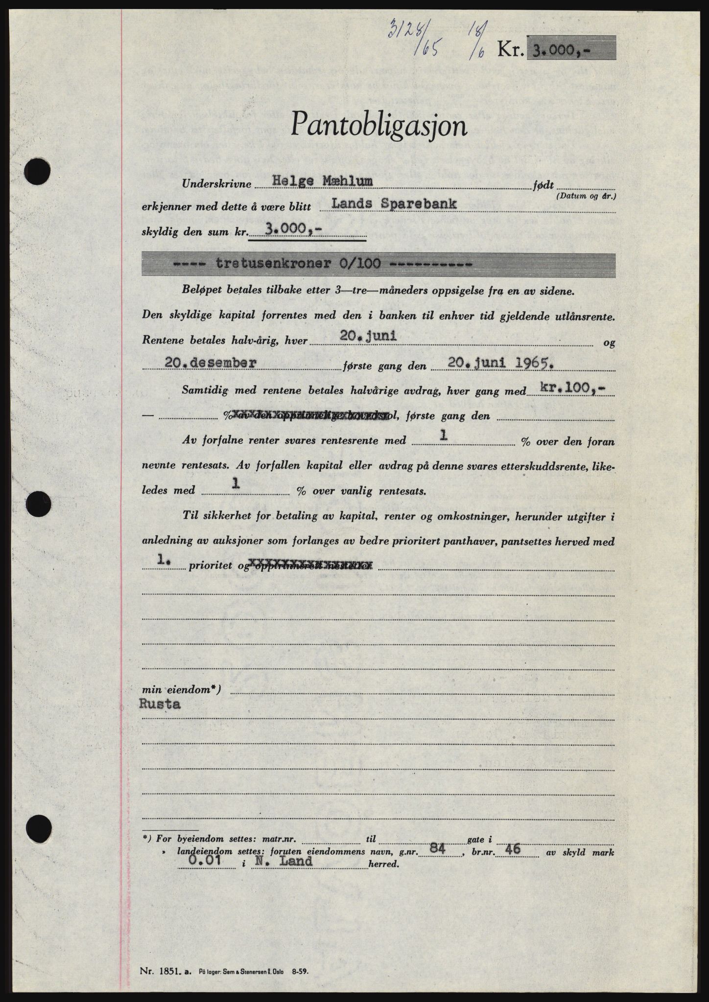 Hadeland og Land tingrett, SAH/TING-010/H/Hb/Hbc/L0059: Pantebok nr. B59, 1965-1965, Dagboknr: 3128/1965