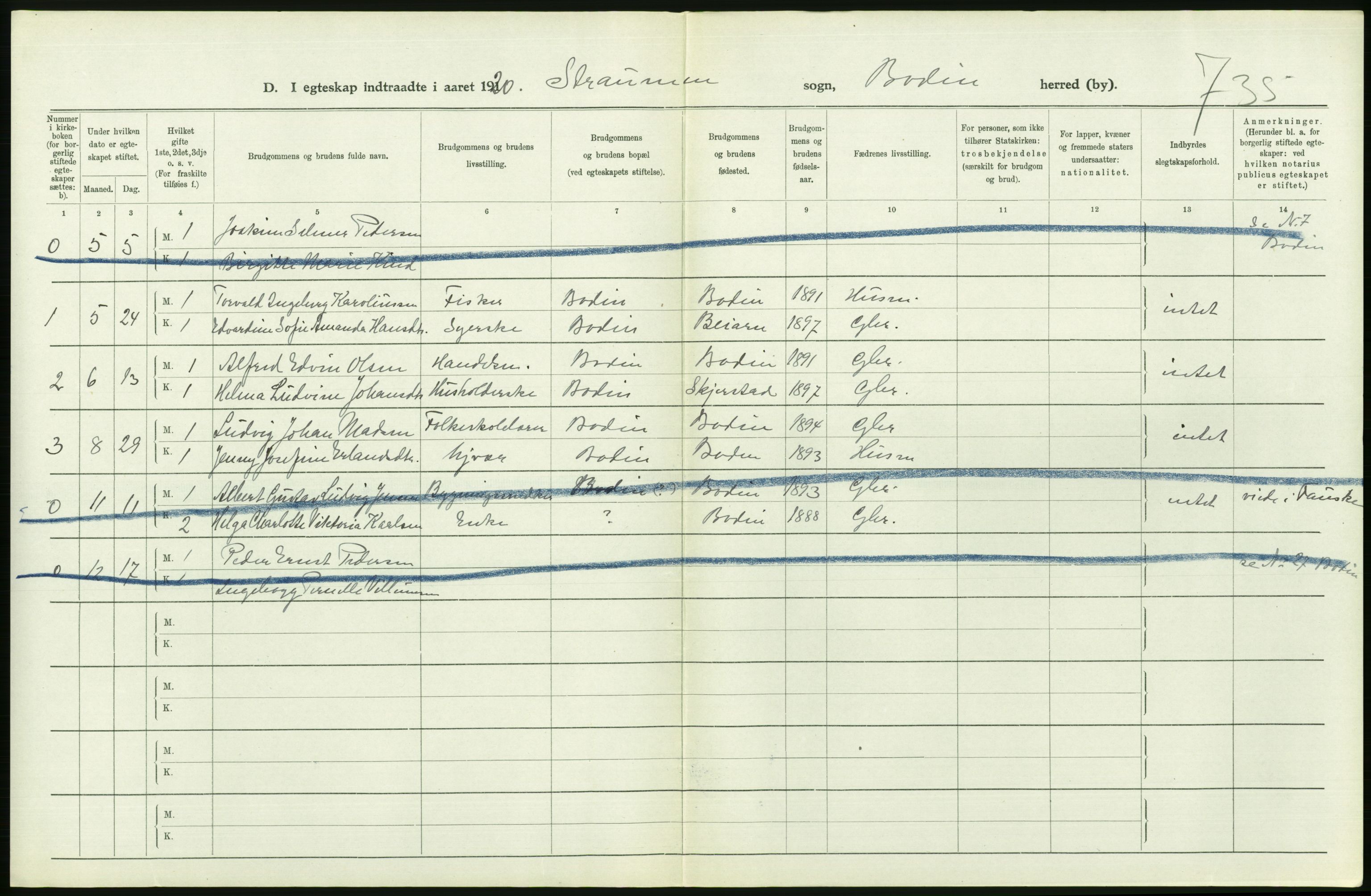 Statistisk sentralbyrå, Sosiodemografiske emner, Befolkning, RA/S-2228/D/Df/Dfb/Dfbj/L0057: Nordland fylke: Gifte, dødfødte. Bygder og byer., 1920, s. 146