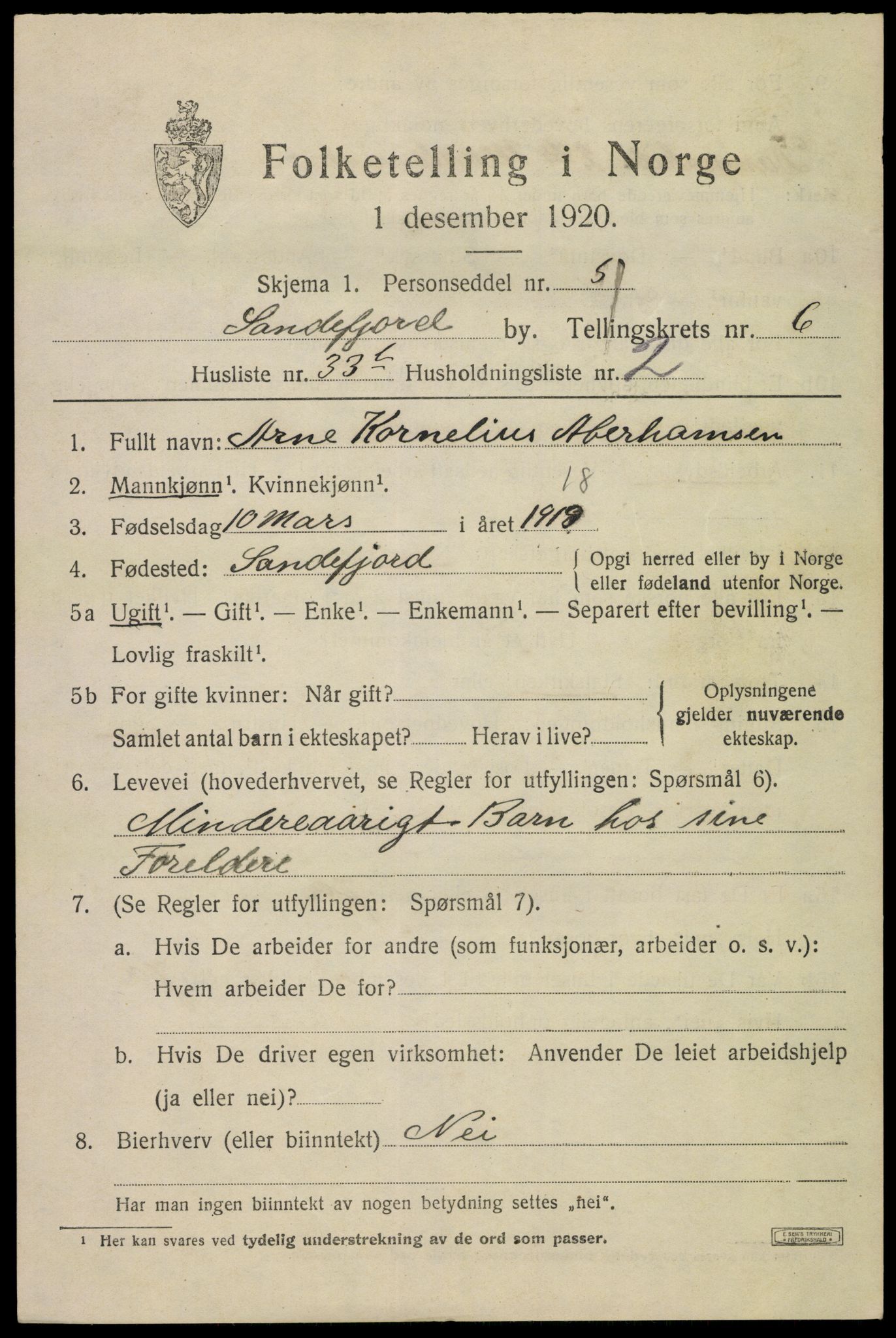 SAKO, Folketelling 1920 for 0706 Sandefjord kjøpstad, 1920, s. 10200