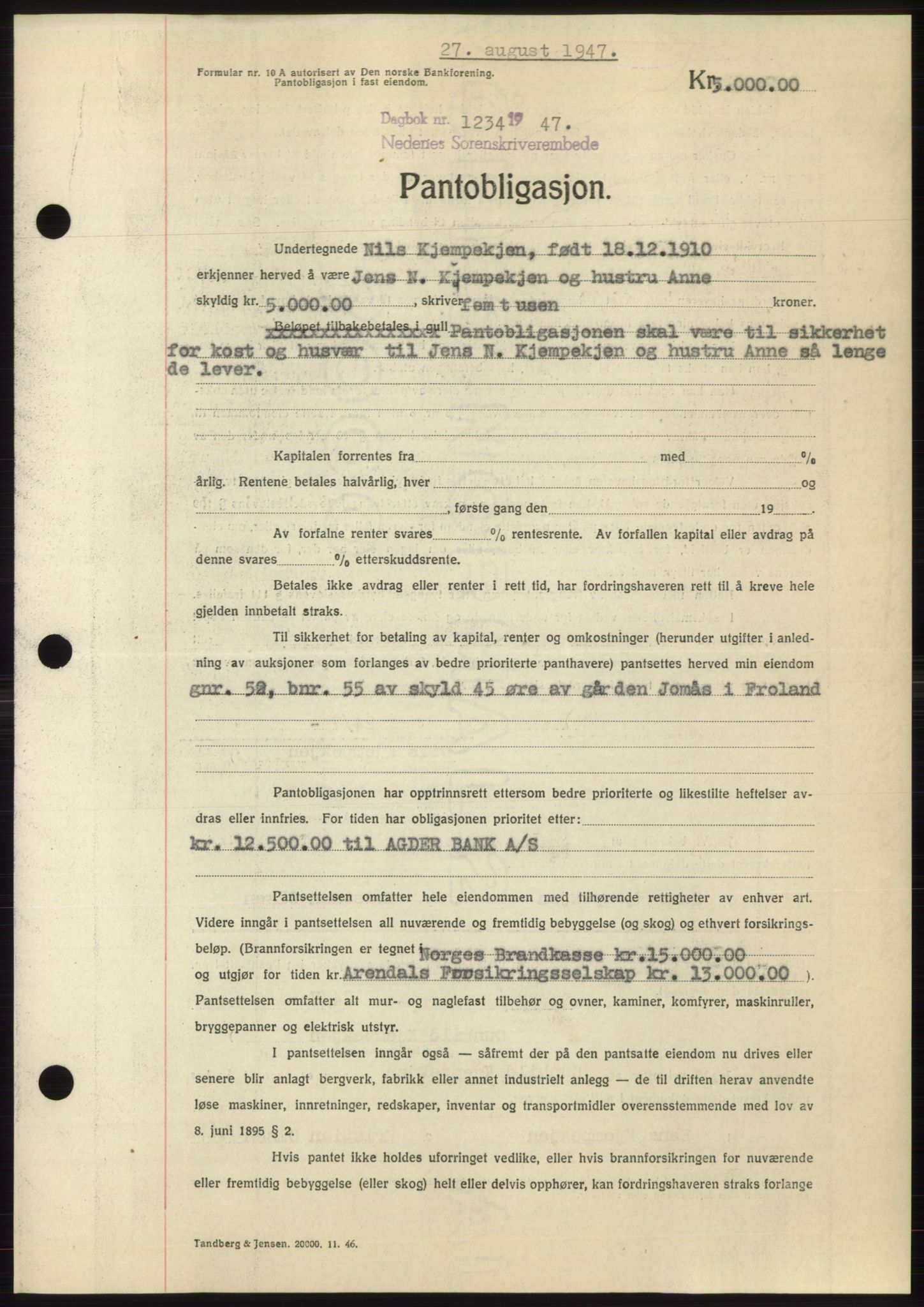 Nedenes sorenskriveri, AV/SAK-1221-0006/G/Gb/Gbb/L0004: Pantebok nr. B4, 1947-1947, Dagboknr: 1234/1947