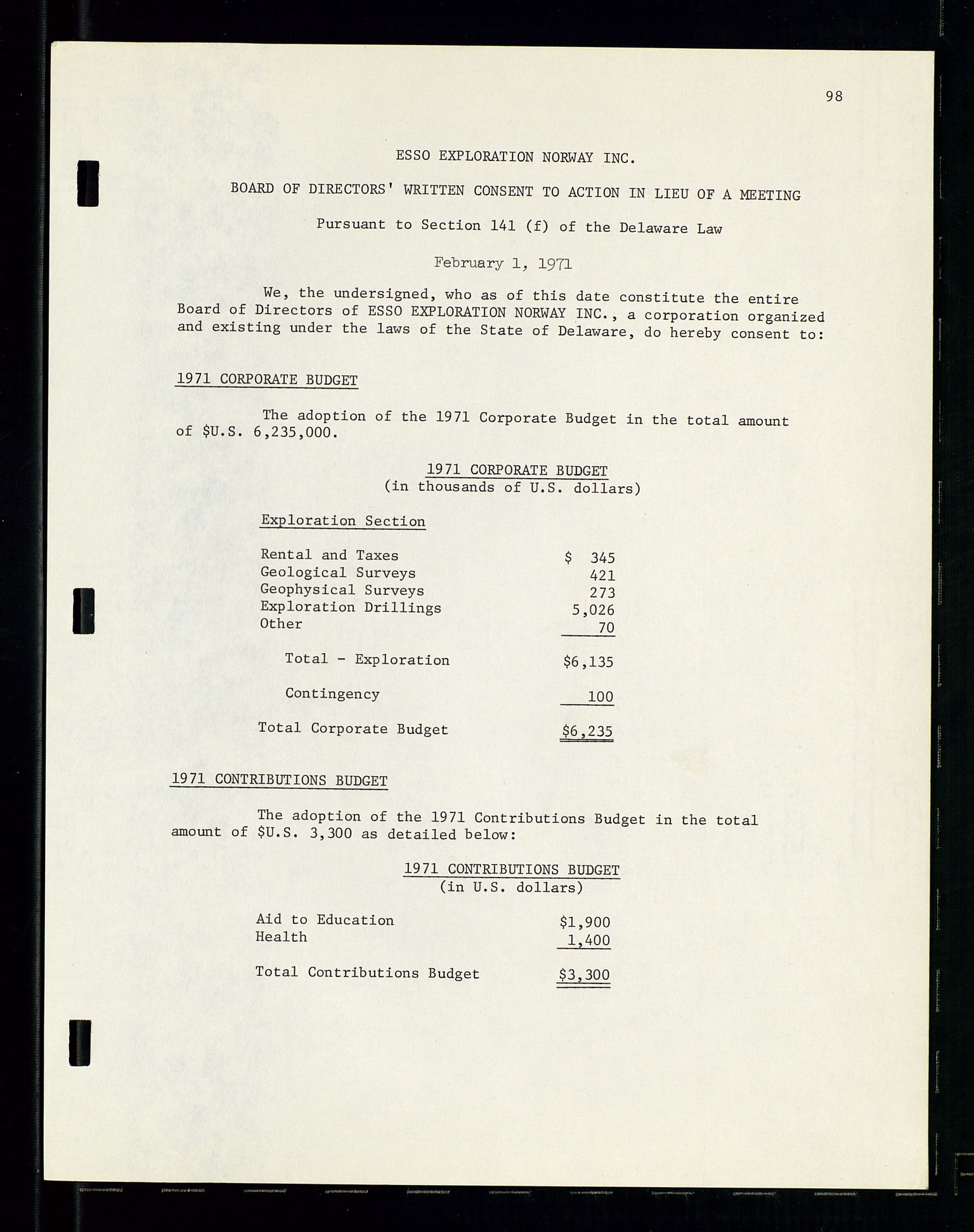 Pa 1512 - Esso Exploration and Production Norway Inc., SAST/A-101917/A/Aa/L0001/0001: Styredokumenter / Corporate records, By-Laws, Board meeting minutes, Incorporations, 1965-1975, s. 98
