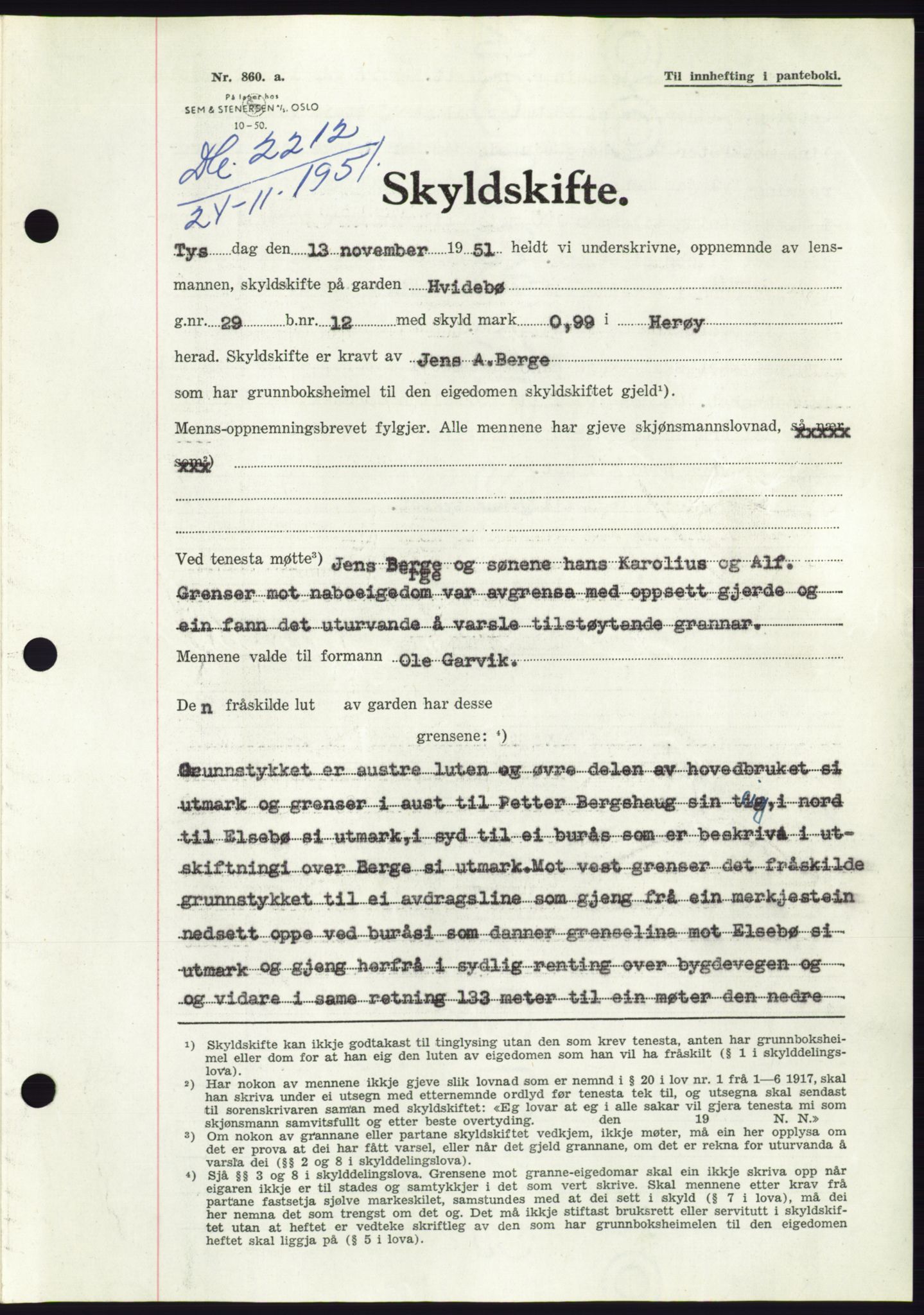 Søre Sunnmøre sorenskriveri, AV/SAT-A-4122/1/2/2C/L0090: Pantebok nr. 16A, 1951-1951, Dagboknr: 2212/1951