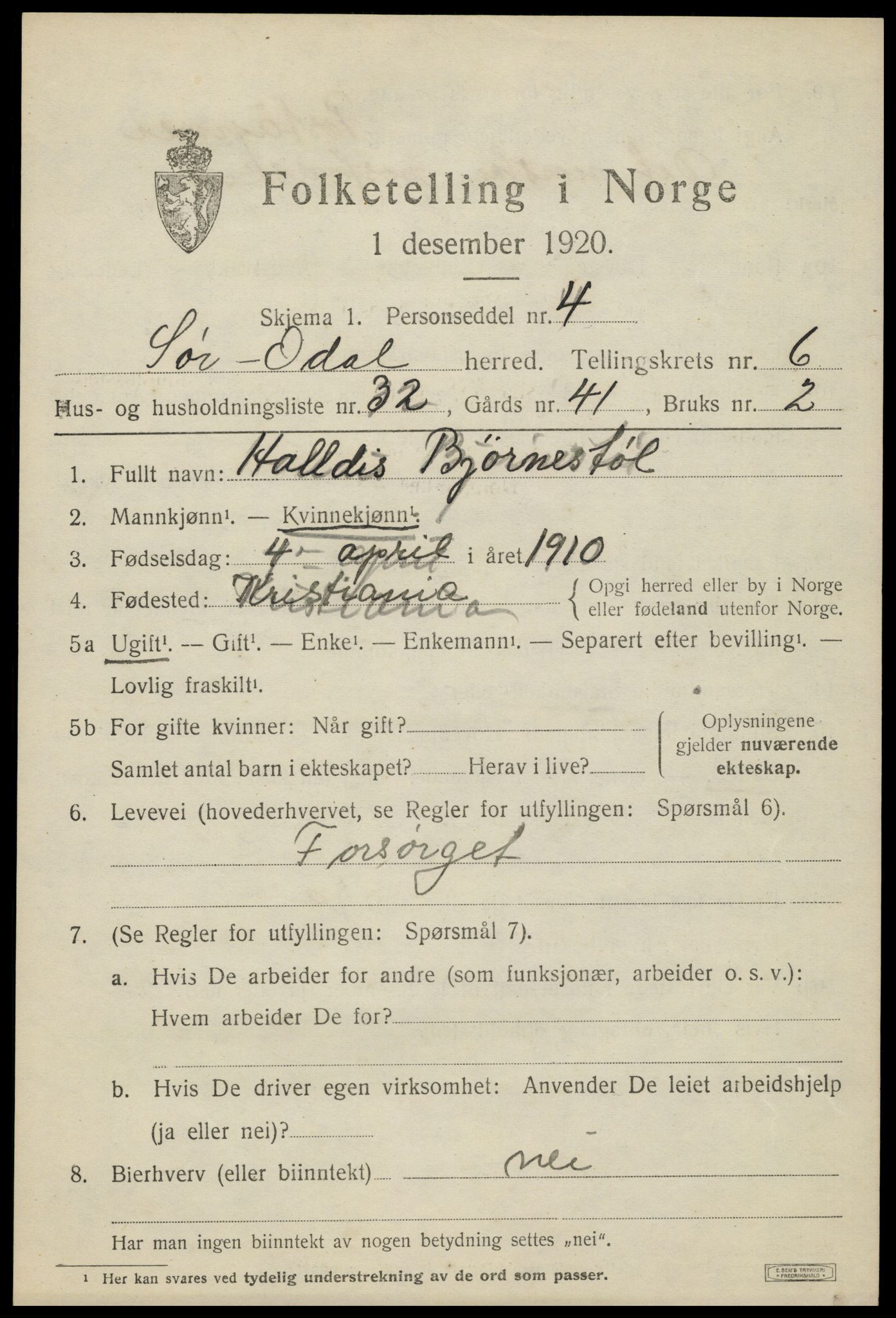 SAH, Folketelling 1920 for 0419 Sør-Odal herred, 1920, s. 7153