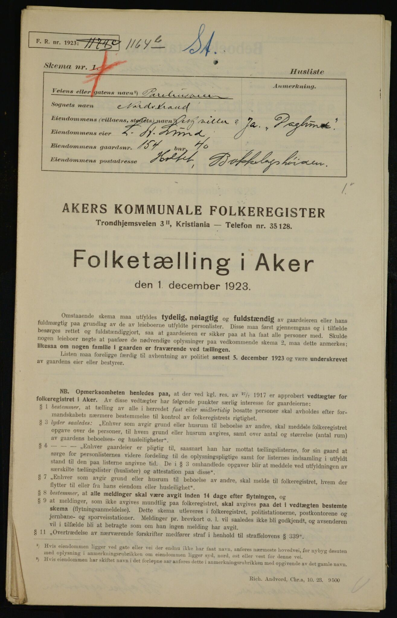 , Kommunal folketelling 1.12.1923 for Aker, 1923, s. 43439